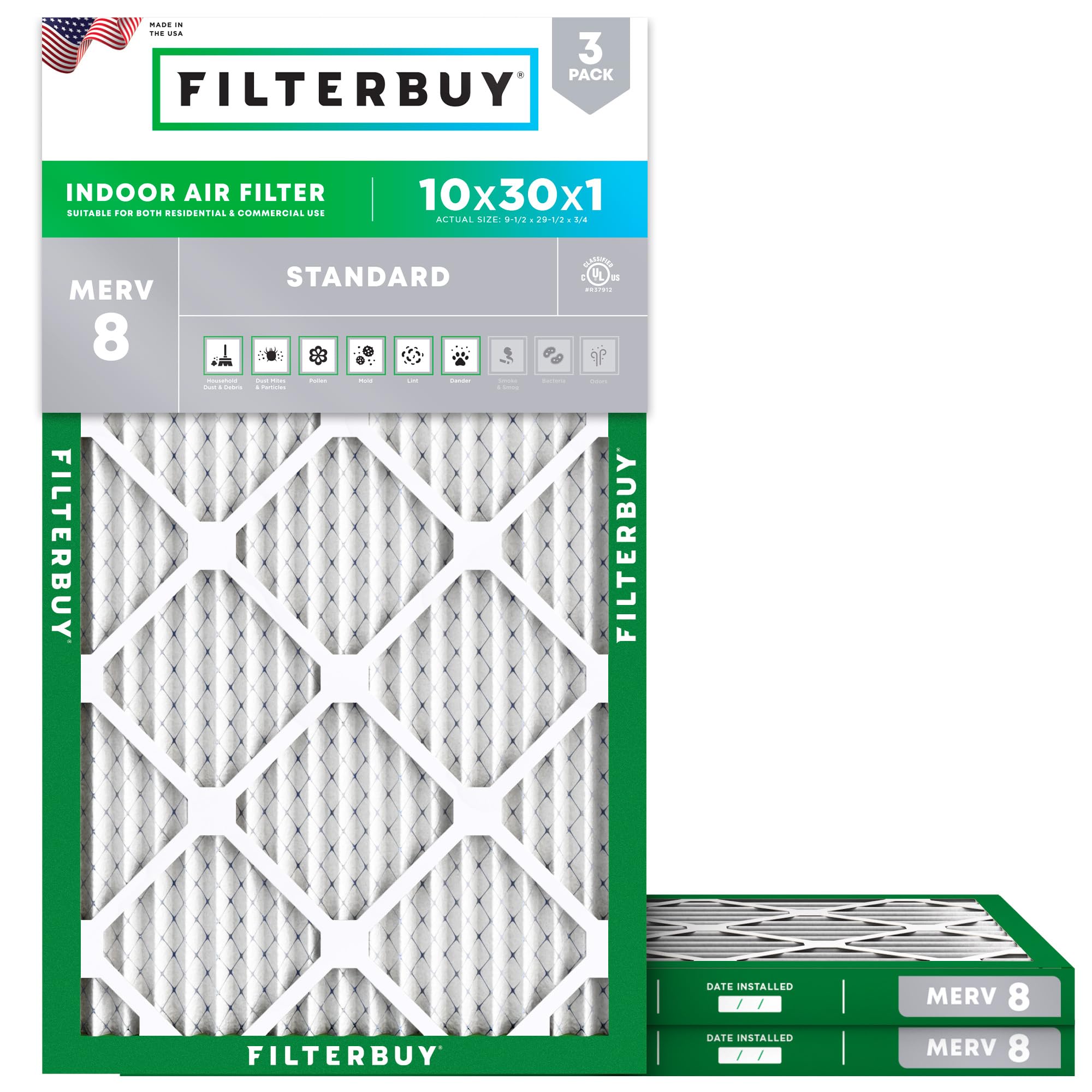 Filterbuy 10x30x1 Air Filter MERV 8 Dust Defense (3-Pack), Pleated HVAC AC Furnace Air Filters Replacement (Actual Size: 9.50 x 29.50 x 0.75 Inches)