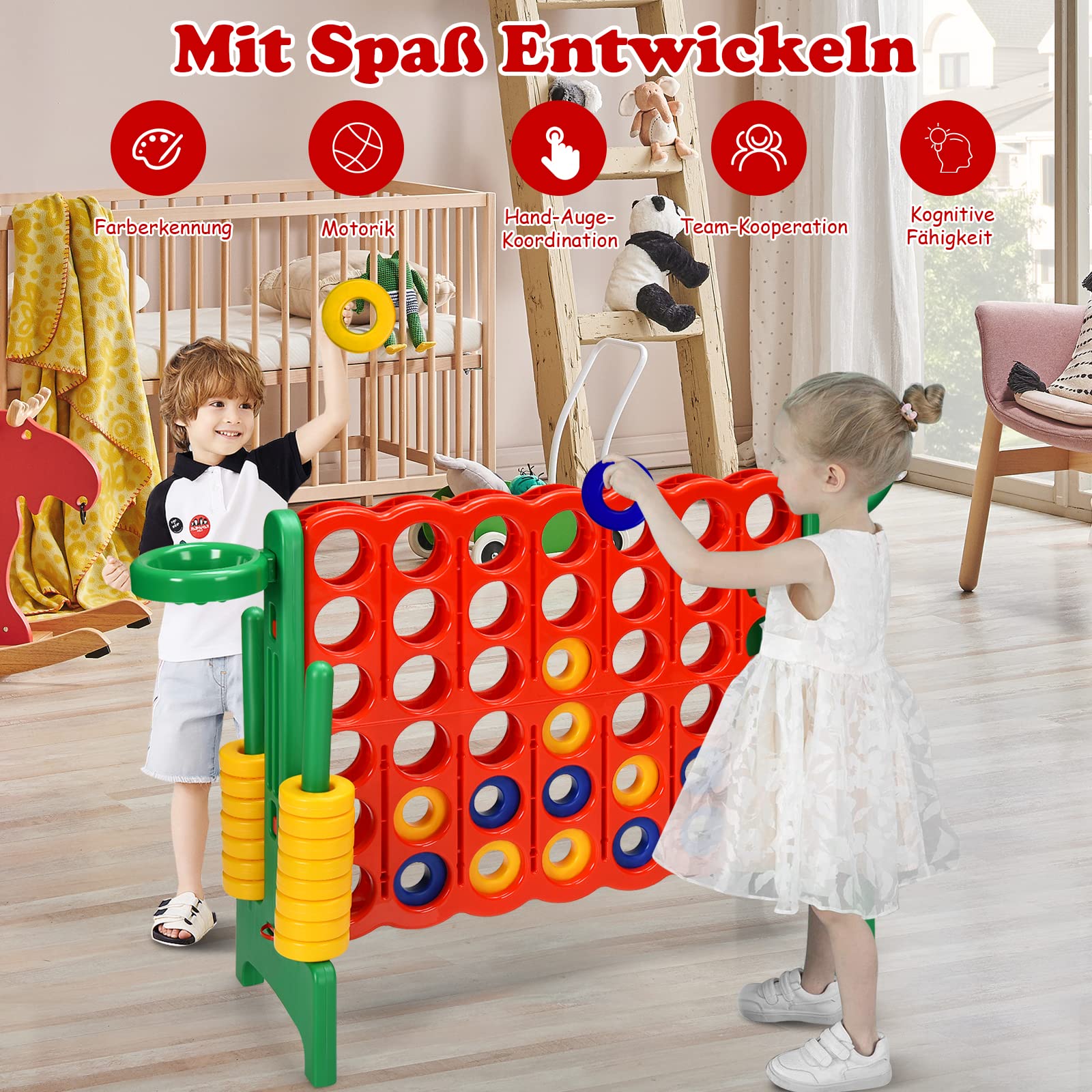 GOPLUS Enorme Juego de 4 Ganas de Estrategia con 42 Anillos, Canasta de Baloncesto, Lanzamiento y Palanca de Liberación Rápida para Niños y Adultos (Rojo + Verde)