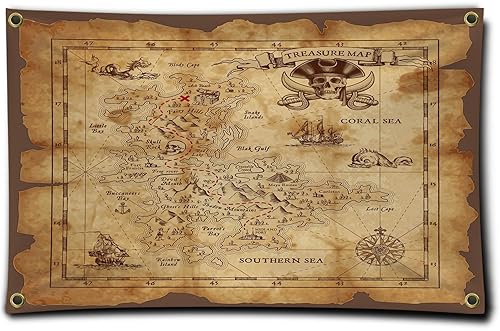 Pirate Treasure Map Background Banner Flag 3X5Ft -Four Brass Grommets