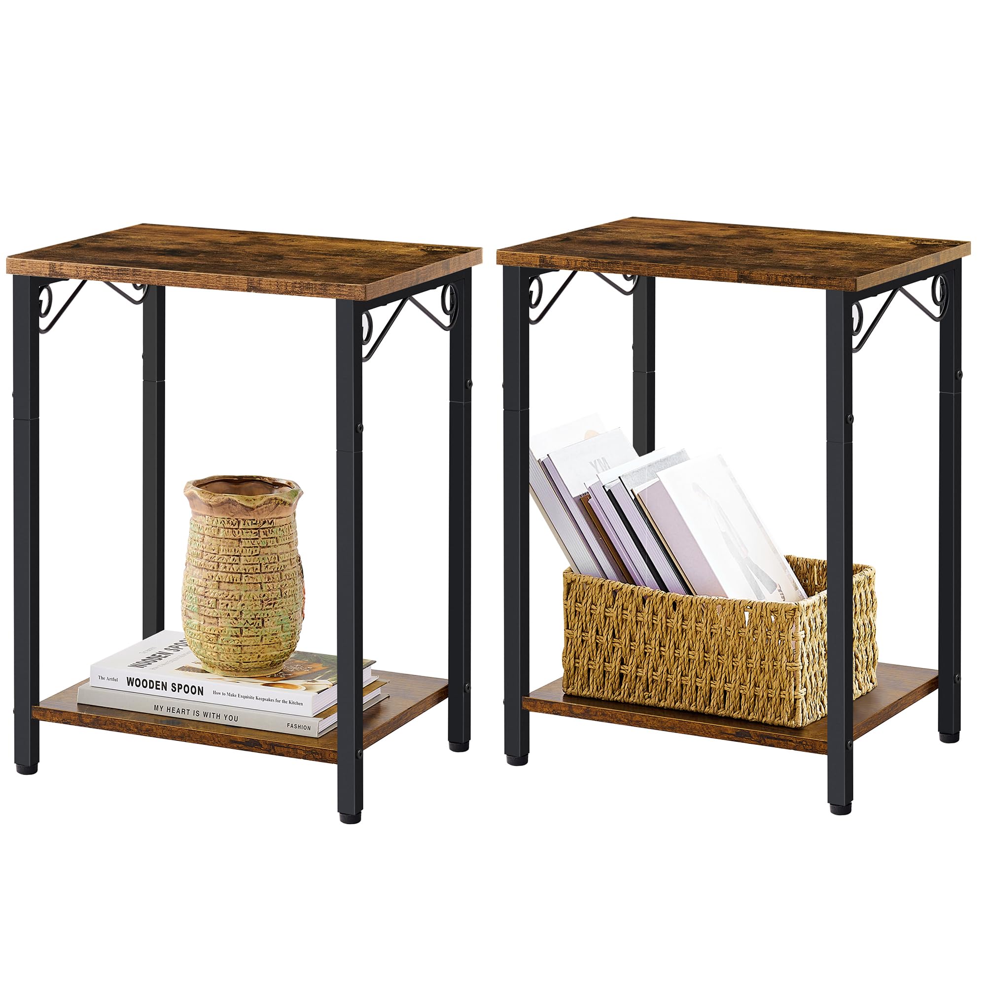 Hoctieon 2 Tier End Table Set of 2, Slim Side Tables, Small Side Tables, Small Nightstands for Small Spaces, End Tables for Living Room Set of 2, Rustic Brown