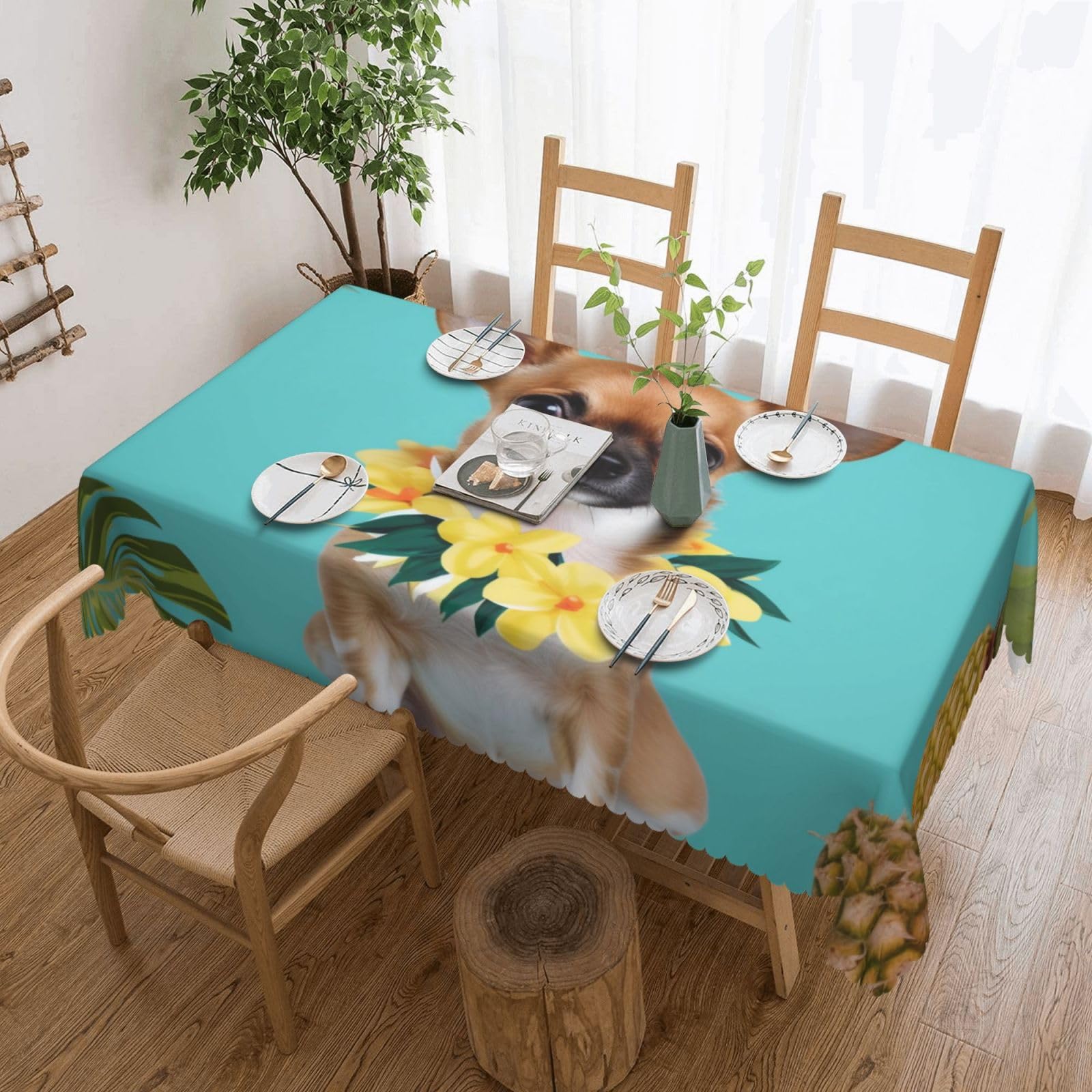 WPKJU Chihuahua Dog Pineapple Printed Rectangle Tablecloth 72x54 Inch with Lace Trim, Water-Resistant Washable Table Cover for Farmhouse Weddings, Outdoor Picnics & Holiday Dining