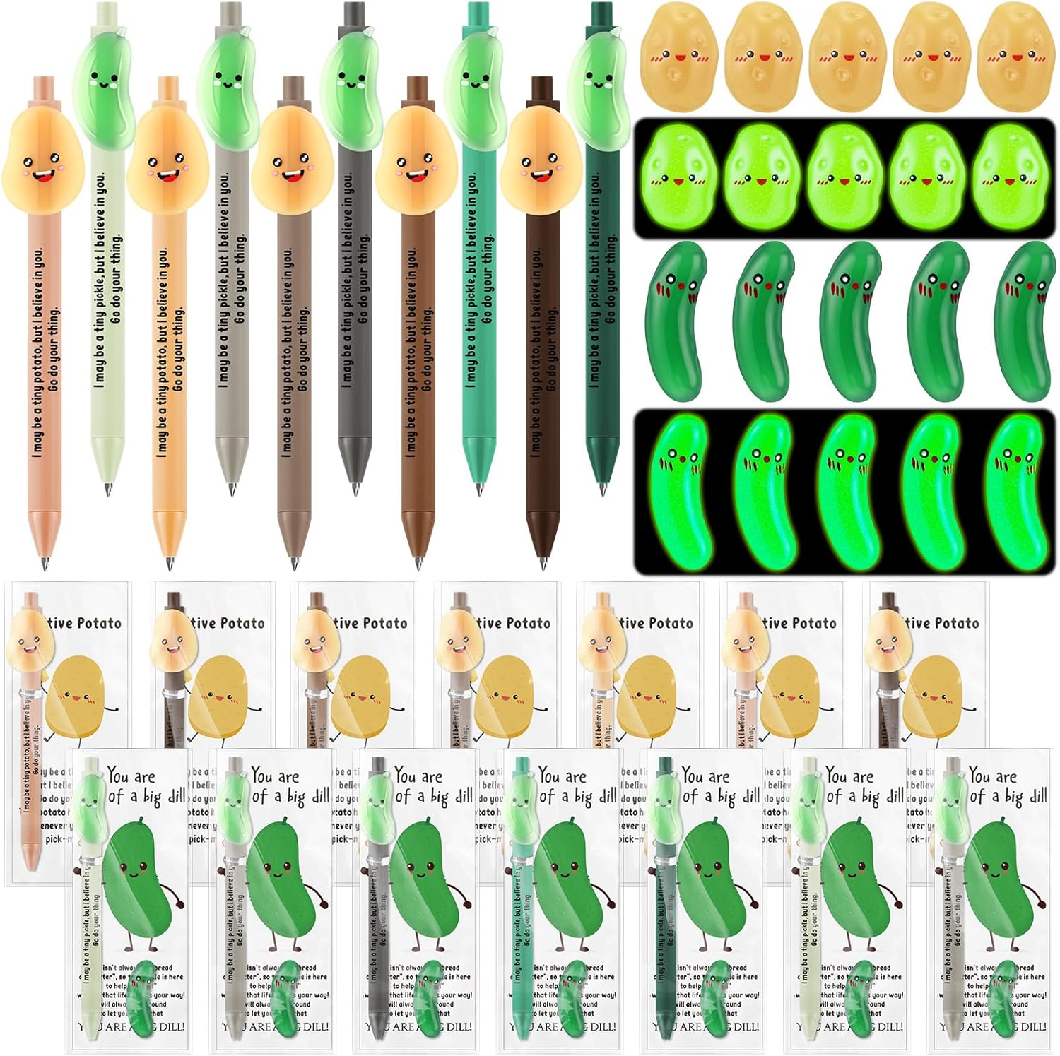 72 Sets Employee Appreciation Gifts, Emotional Support Gifts Bulk, Luminous Pickle Pens with Mini Resin and Cards, Positive Pens for Social Woker Volunteer Er Nurse Coworker Team Staff Students