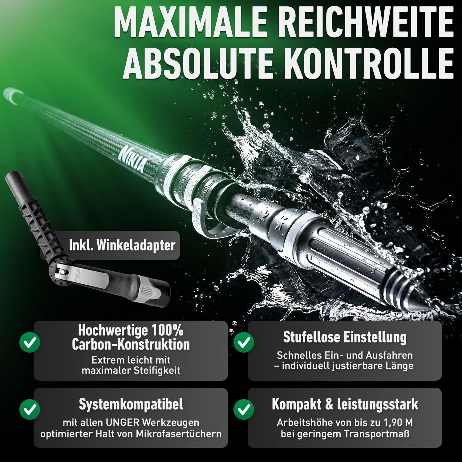 Unger Ninja - Set di barre in carbonio 6 in 1 (6 pezzi Ninja Premium per la pulizia del vetro con asta telescopica da 1,90 m e accessori, pulizia professionale delle finestre) AKN19