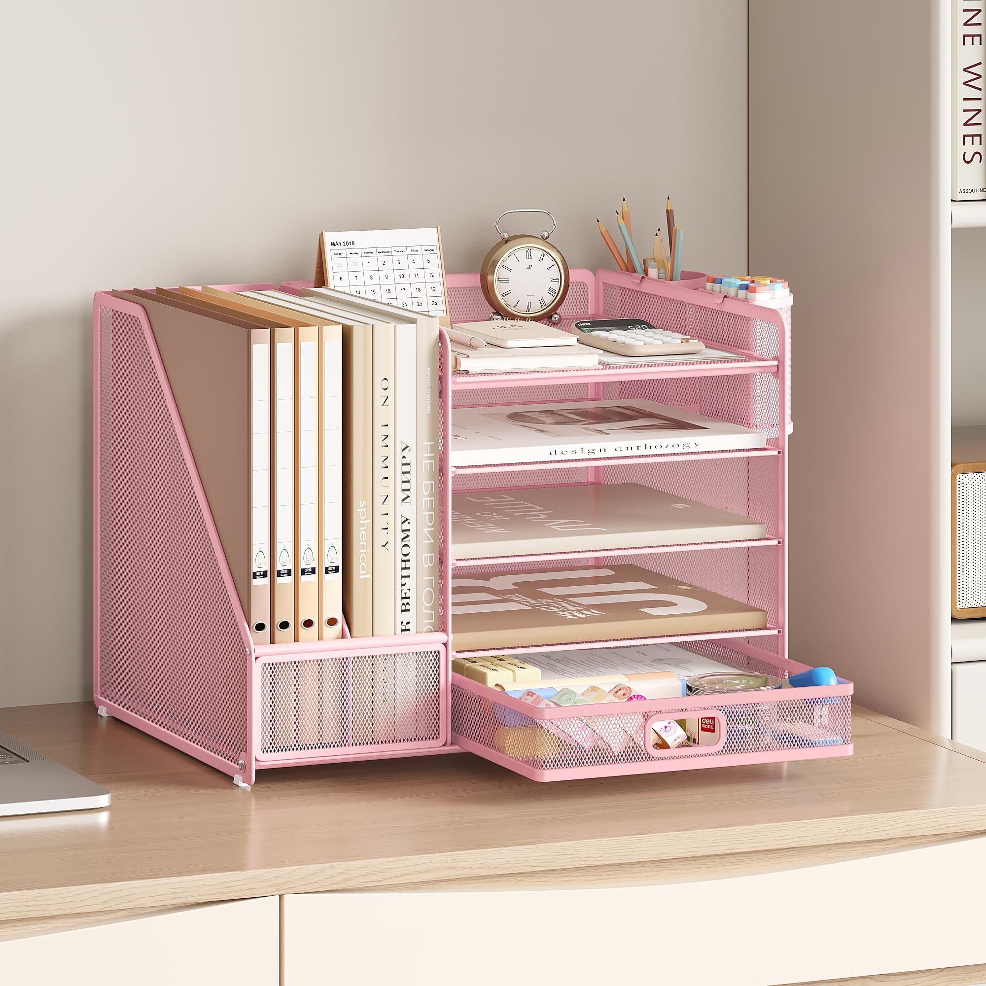 VITVITI Schreibtisch Organizer, 5 Ebenen Briefablage mit Schubladen, Aktenhalter mit 2 Stiftehalter, Büro Organizer mit Stehsammlere, Bürobedarf für A4 Dokumentenablag (Rosa)