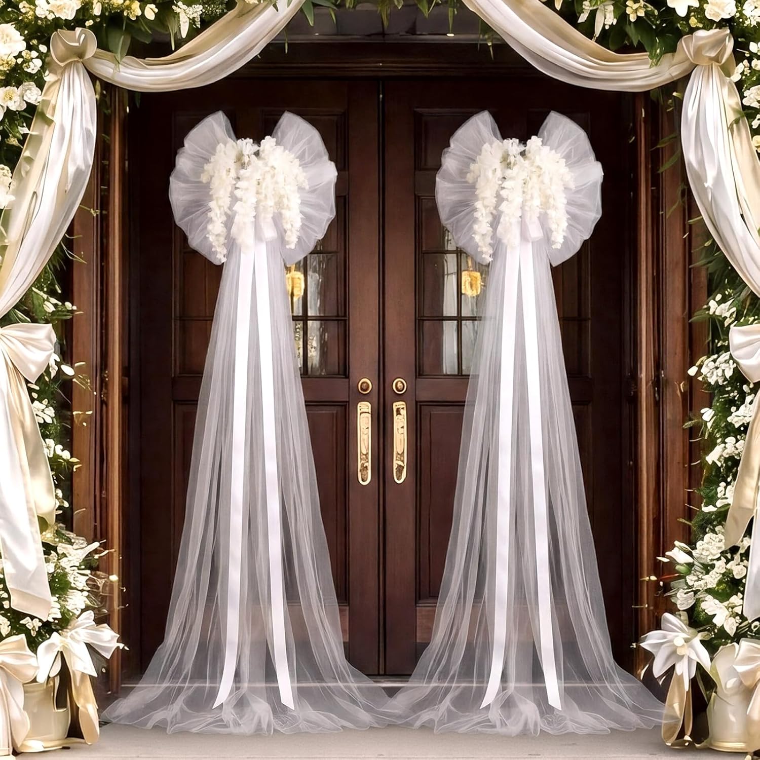 Suncalla 2 Pcs Giant White Wedding Bow Decor with Artificial Flowers Wreath 85x 18 Inch Large White Bow Tulle Tails Door Bows Decor for Wedding Backdrop Bridal Shower Arch Birthday Anniversary Party