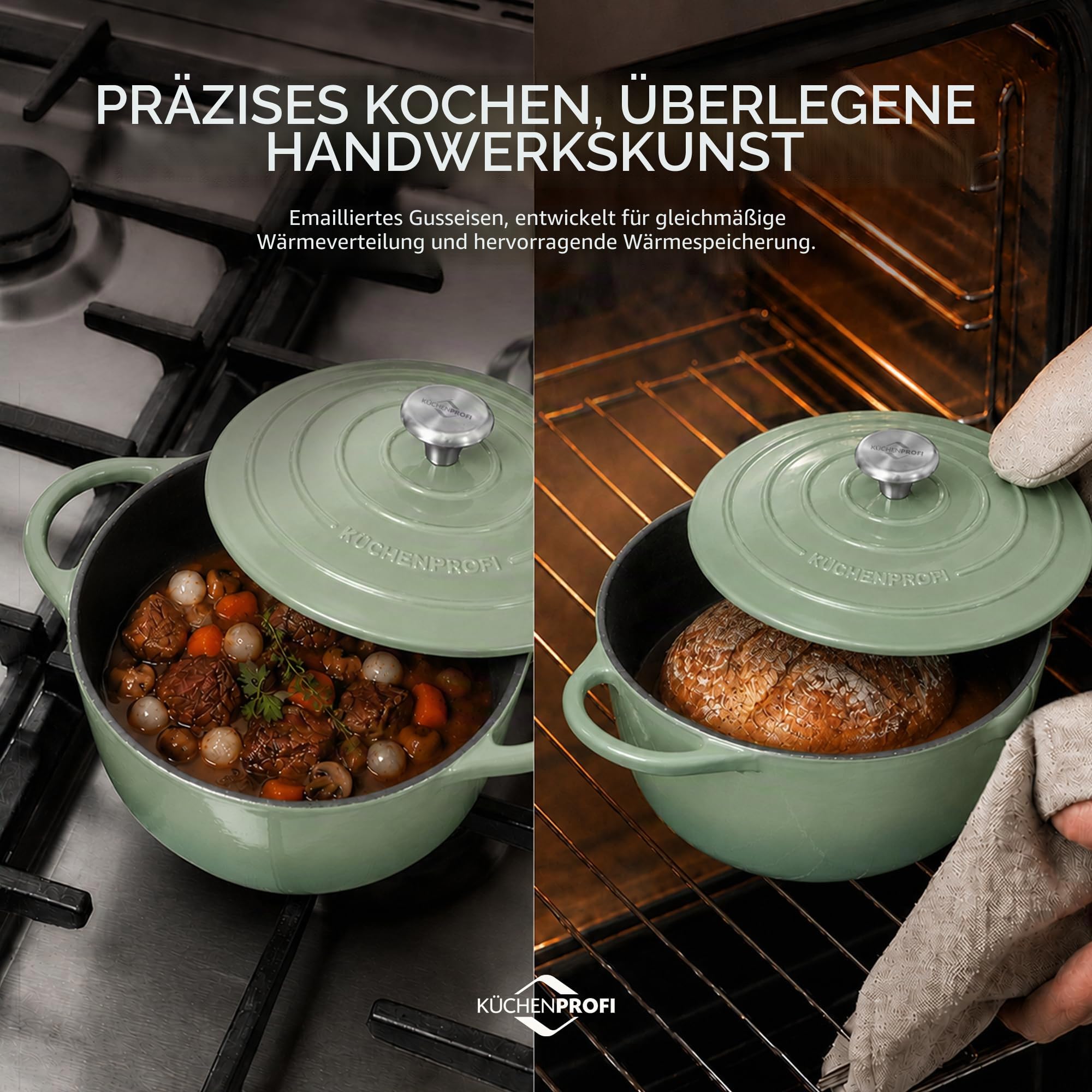 KÜCHENPROFI Gusseisen-Bräter mit Deckel, emailliert, 24 cm, Jade | Runder Gusseisen-Bräter mit Energieeffizienz, optimaler Wärmespeicherung, Edelstahlknopf, für alle Herdarten geeignet