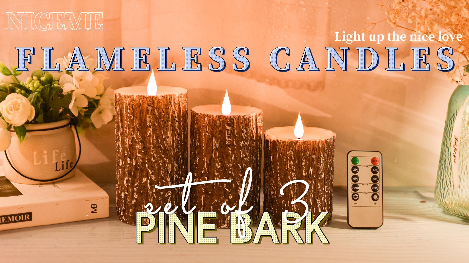 Image of NICEME LED Pine Bark Flameless Candles Set of 3 Real Wax Battery Operated Candles Flickering Teardrop Wick Electric Decorative Pillar Bark Candles with Remote Timer, D3 x H4 5 inch 6 inch