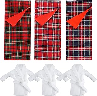 3 Pieces Christmas Sleeping Bags Accessory Elf Doll Sleeping Bag and 3 Pieces White Bathrobes for Elf Doll Red Green Plaid Sleeping Bag for Elf Doll Decorations, 3 Styles (Doll is not Included)