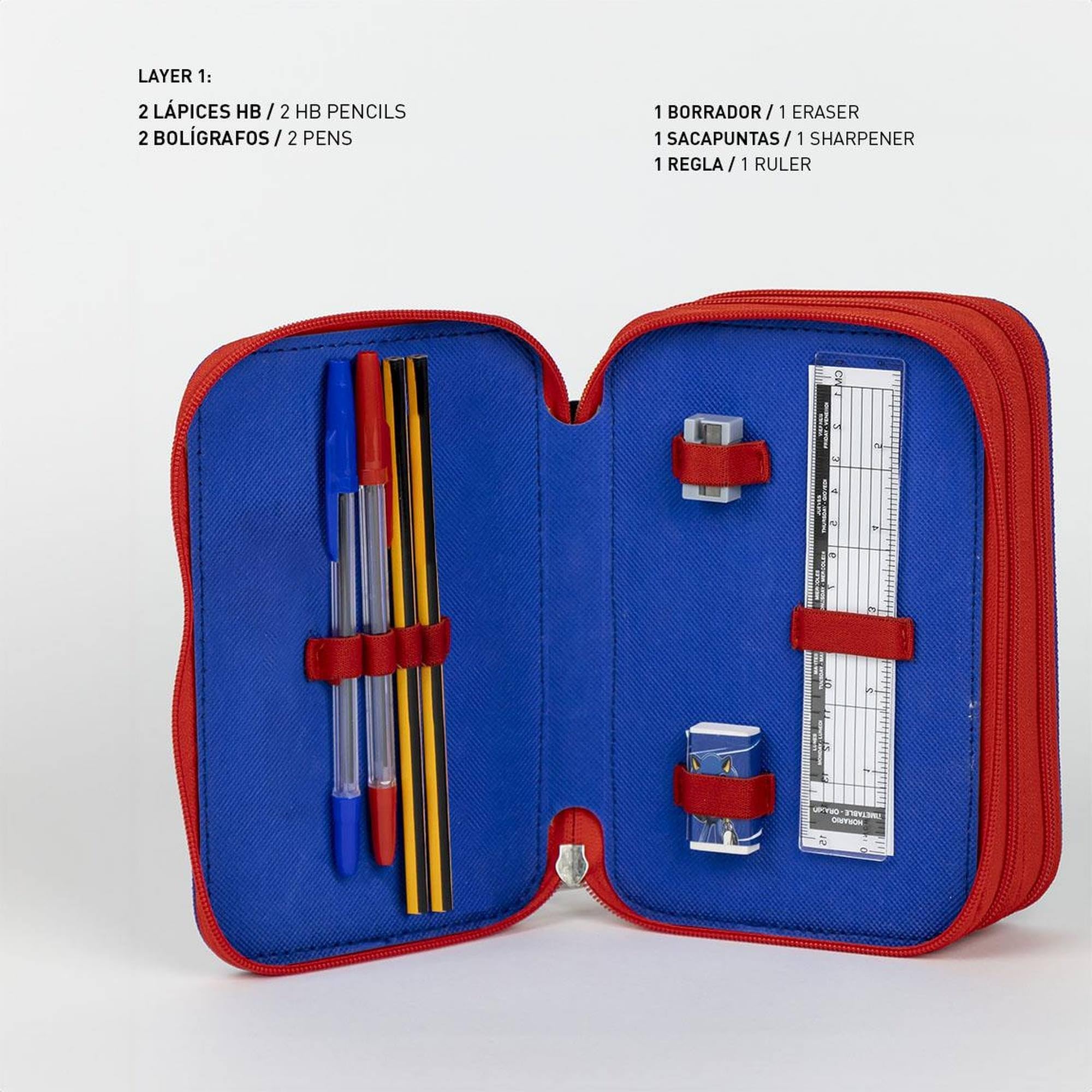 Trousse à 3 compartiments de Sonic - Couleur bleue - 12,5 x 6,5 x 19,5 cm - Fabriquée en 100 % polyester - Fermeture éclair - Avec accessoires-Trousse