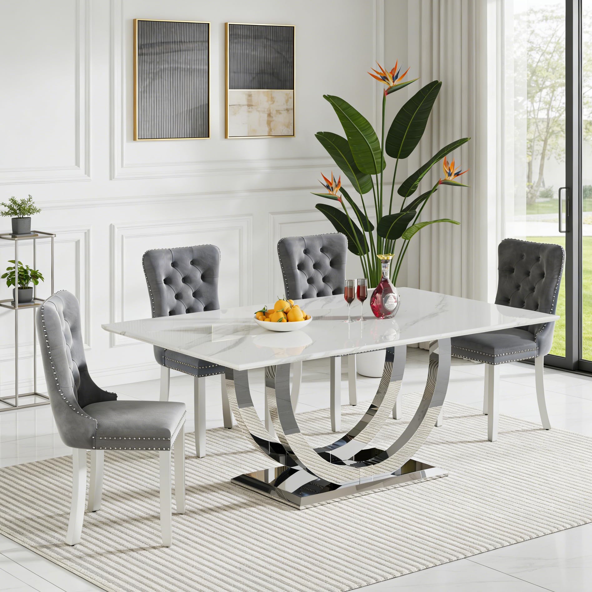 5-Piece Faux Marble Dining Table Set for 4, Luxury White Marble Silver Kitchen Table with 4 Grey Tufted Chairs, 69.3" Rectangular Dining Room Table with Dual U-Shape Stainless Steel Base