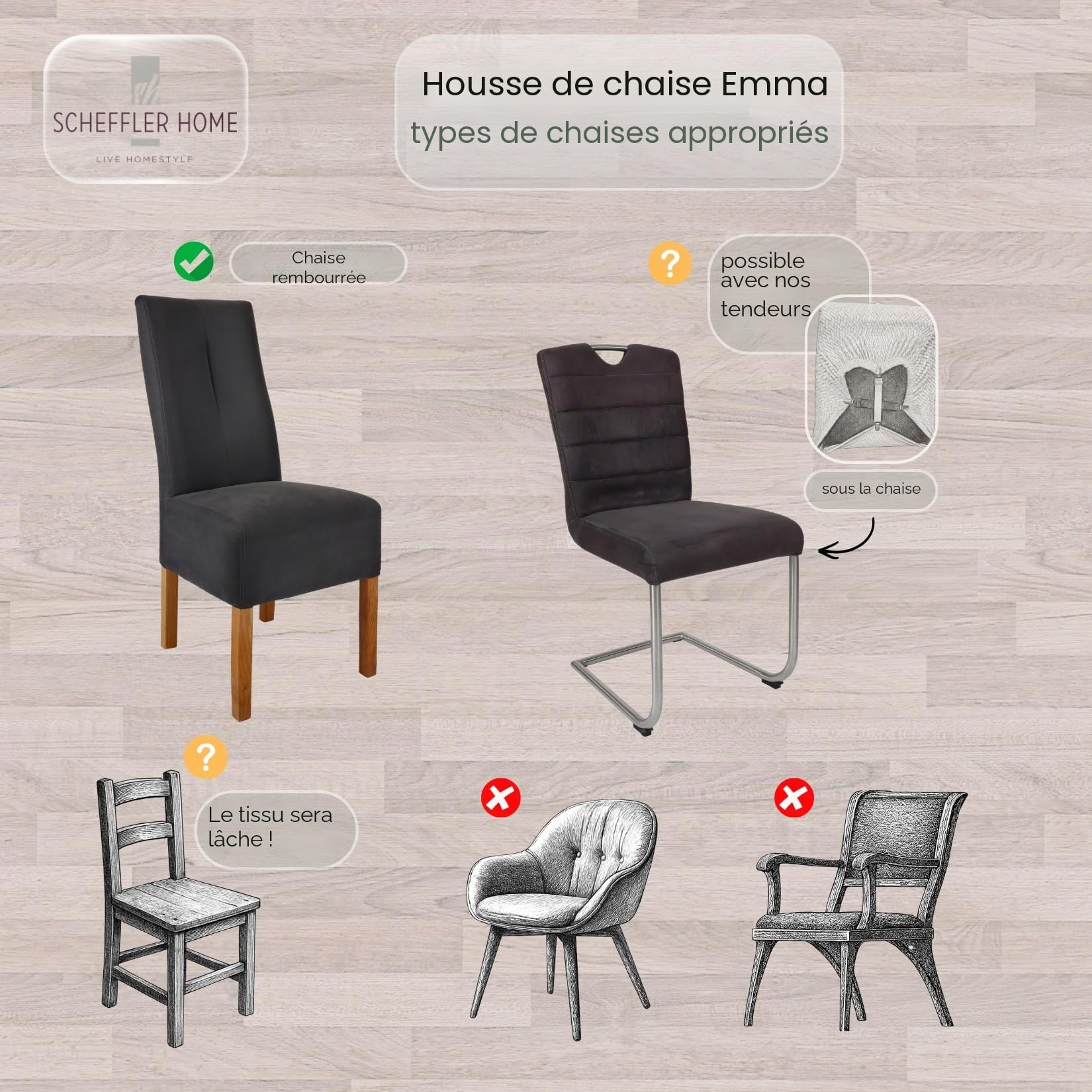 SCHEFFLER-Home Housse de Chaise Extensible « Emma » / Lot de 4 / Taupe / Élastique en Coton / Avec Bande Élastique / Élégante