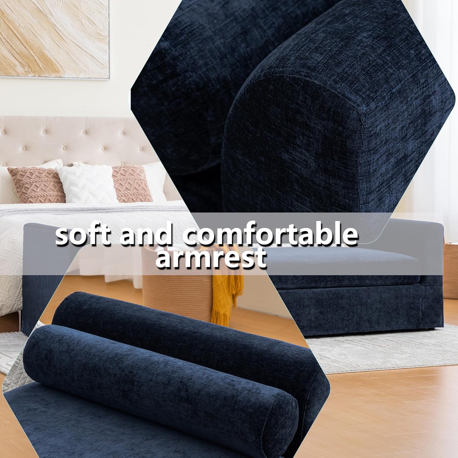 90" Oversized Upholstered Bench Navy,Extra Long End of Bed Bench with Removable Rolled Arm,Window Daybed Bench,Chenille Chaise Lounge,Extra Large Upholstered Benches for Bedroom,Living Room