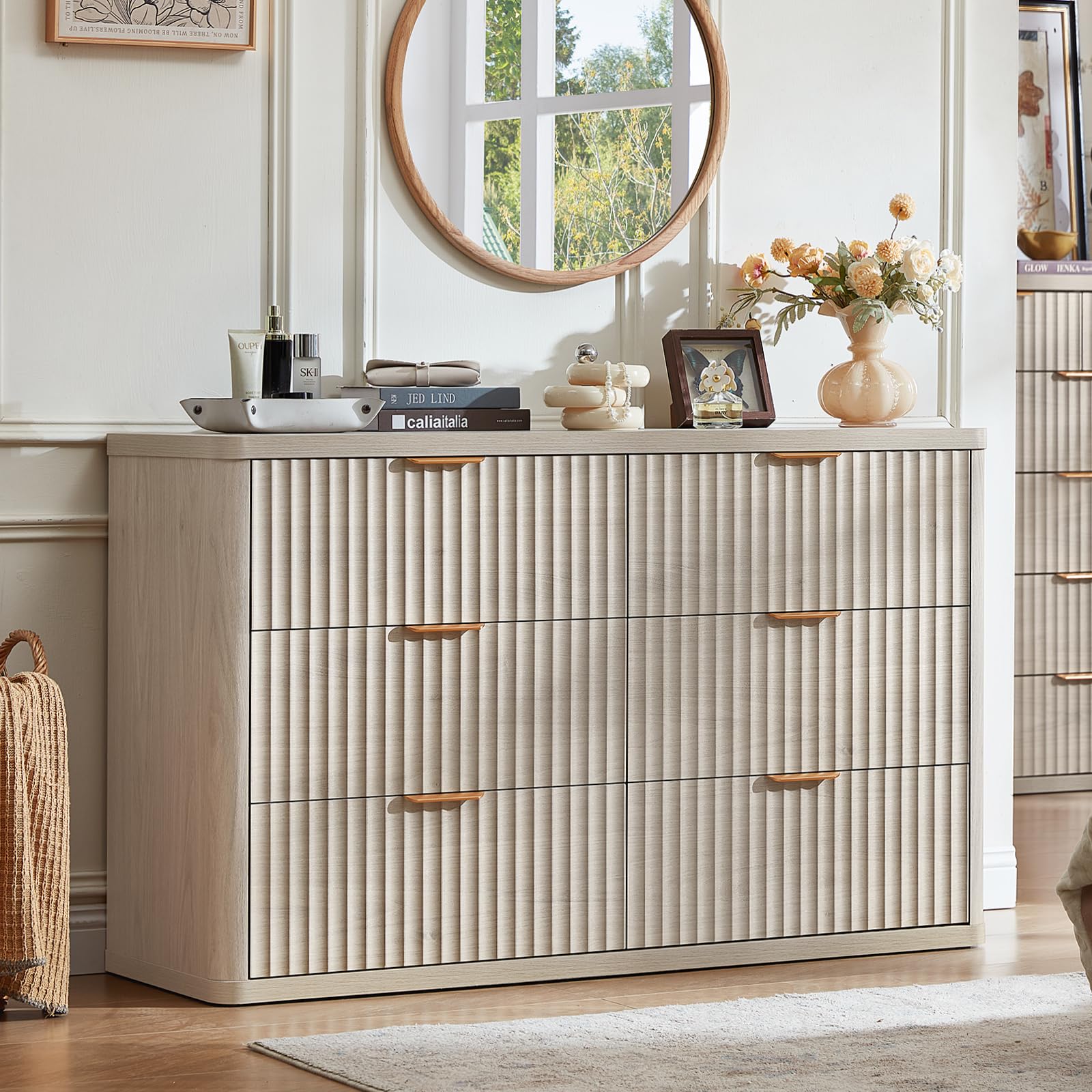 LEYAOYAO Fluted 6 Drawers Dresser for Bedroom, 48" Wide Modern Chest of Drawers with Metal Handle, Light Grey Curved Profile Farmhouse Closet Organizer Wood Dressers TV Stand for Living Room, Hallway