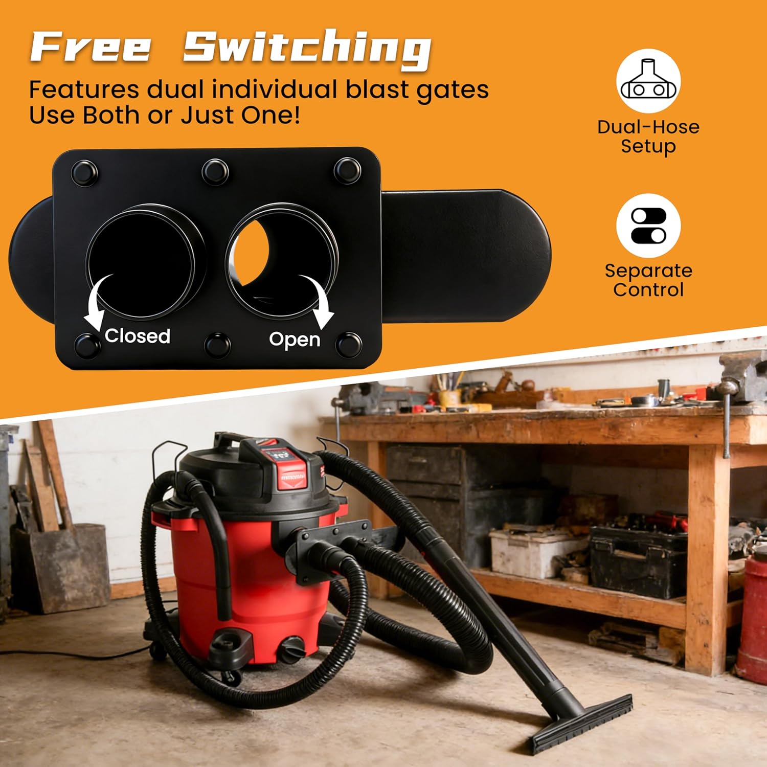 2.5 Inch Shop Vac Y Connector Separator, with Dual Individual Blast Gates, Hose Splitter for Dust Collection Hose, Shop Vac Attachments Fits Craftsman, Ridgid-Most Wet/Dry Vacuums