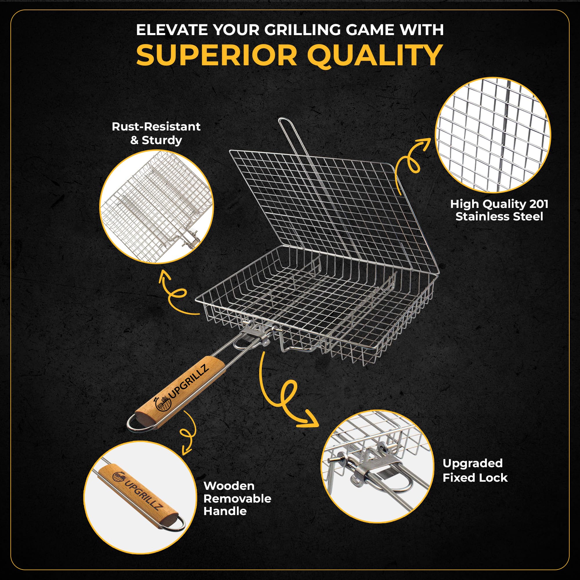 Cesta de parrilla de pescado para barbacoa al aire libre, cesta de acero inoxidable para asar verduras con asa desmontable y plegable con bolsa de transporte