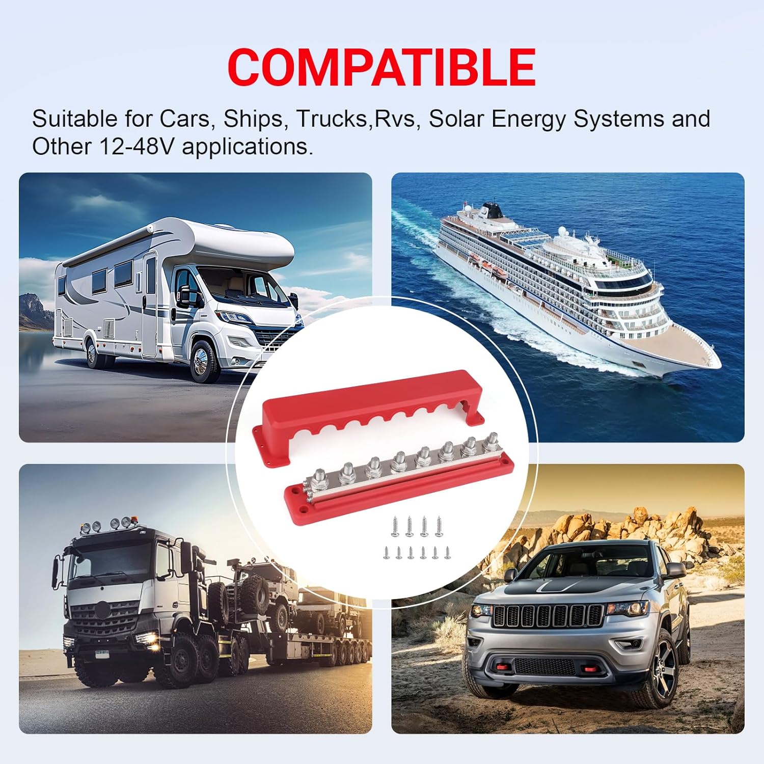 600A Heavy Duty Power Distribution Block with Cover 8 x 3/8" (M10) Studs Bus Bar Terminal Block, High Current Busbar 12-48V DC Busbar Box for Automotive RV Boat, Red