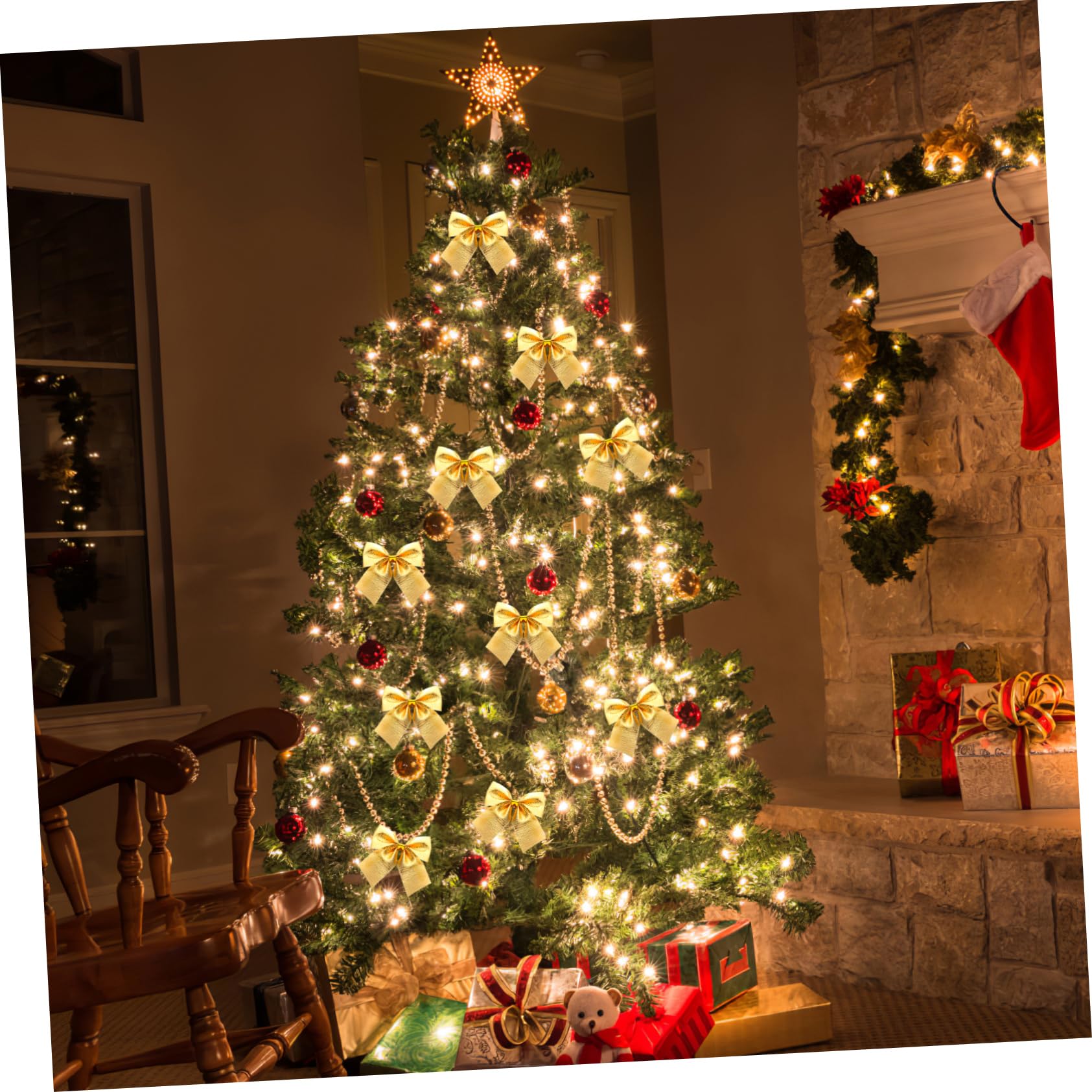 12pezzi Addobbi per Albero di Natale Fiocchi di Nastro Dorati Set da Decorazioni Natalizie per Interni Decorazioni Fai da Te