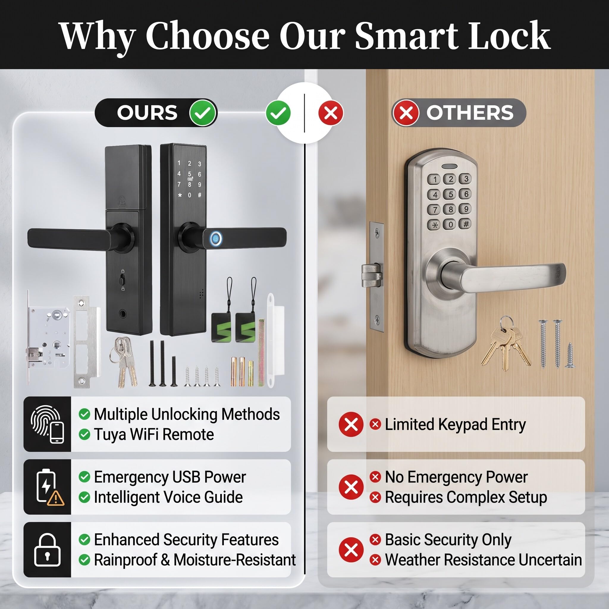 Cerradura de Puerta Inteligente, WiFi Pantalla Táctil Contraseña de Huella Digital Tarjeta IC Serrure de porte intelligente con Llave Mecánica Digital Aplicación Tuya Manija Reversible