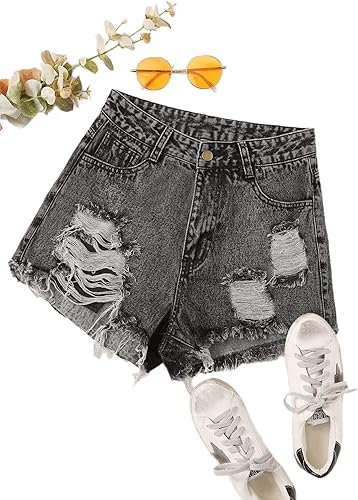 Miniatura 5 de WDIRARA Pantalones cortos de mezclilla casuales rasgados con dobladillo sin rematar de cintura alta para