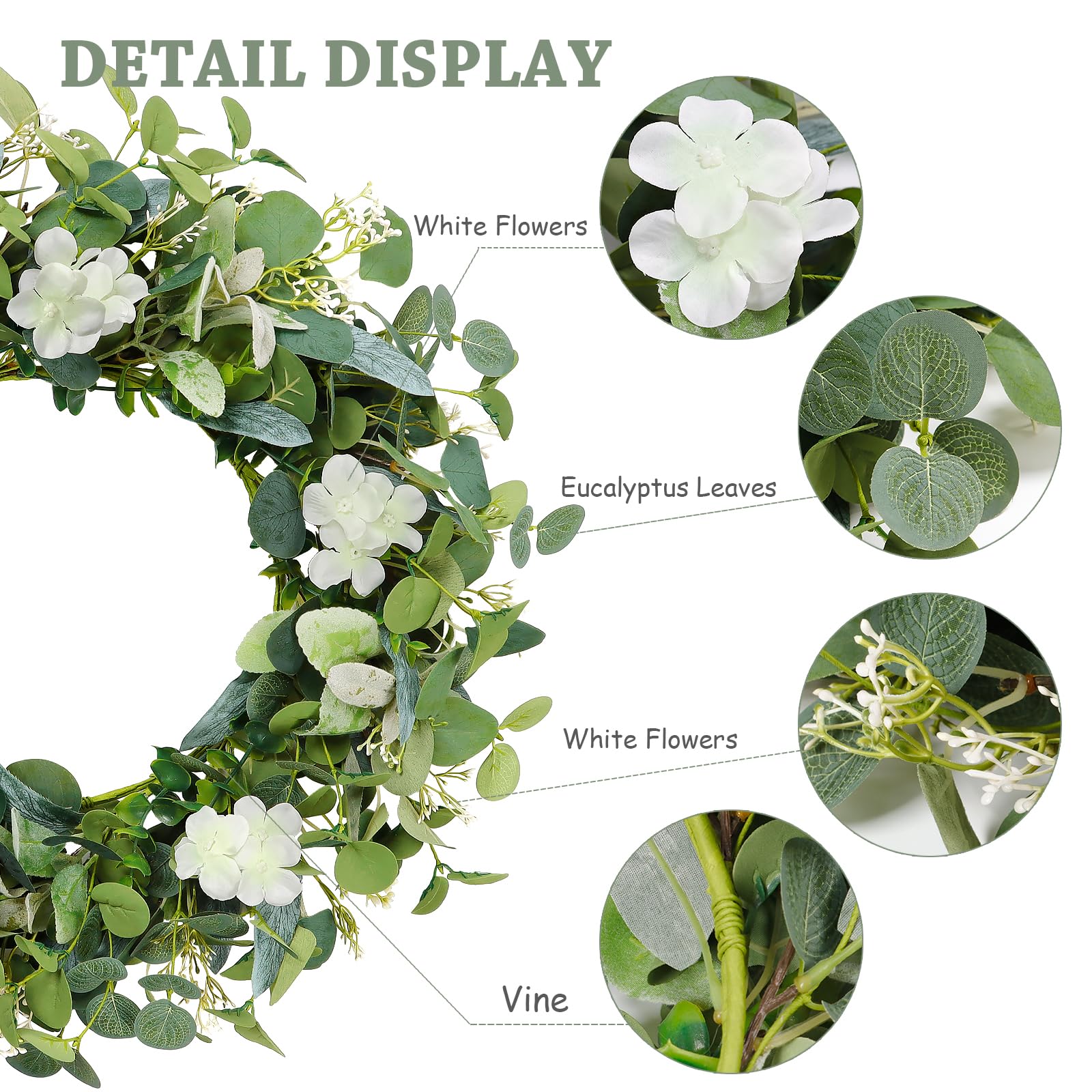 Couronne Eucalyptus Artificielle Verte 50 Cm - Déco Porte, Mur, Jardin - Baies Incluses - Sans Entretien - Style Naturel - 11