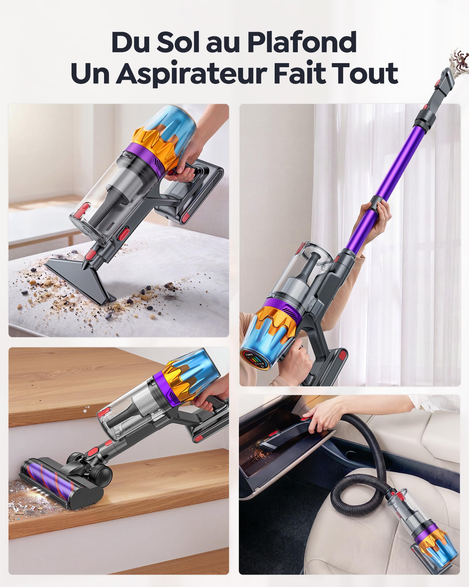 Fieety 80Min/650W/55KPa Aspirateur Balai sans Fil, 1.8L Aspirateur sans Fil Puissant, Batterie Optimisée, Brosse Anti-Enchevêtrement, Écran LED, Rechargeable Support Mural, Parfumé, Sols Durs (Violet)