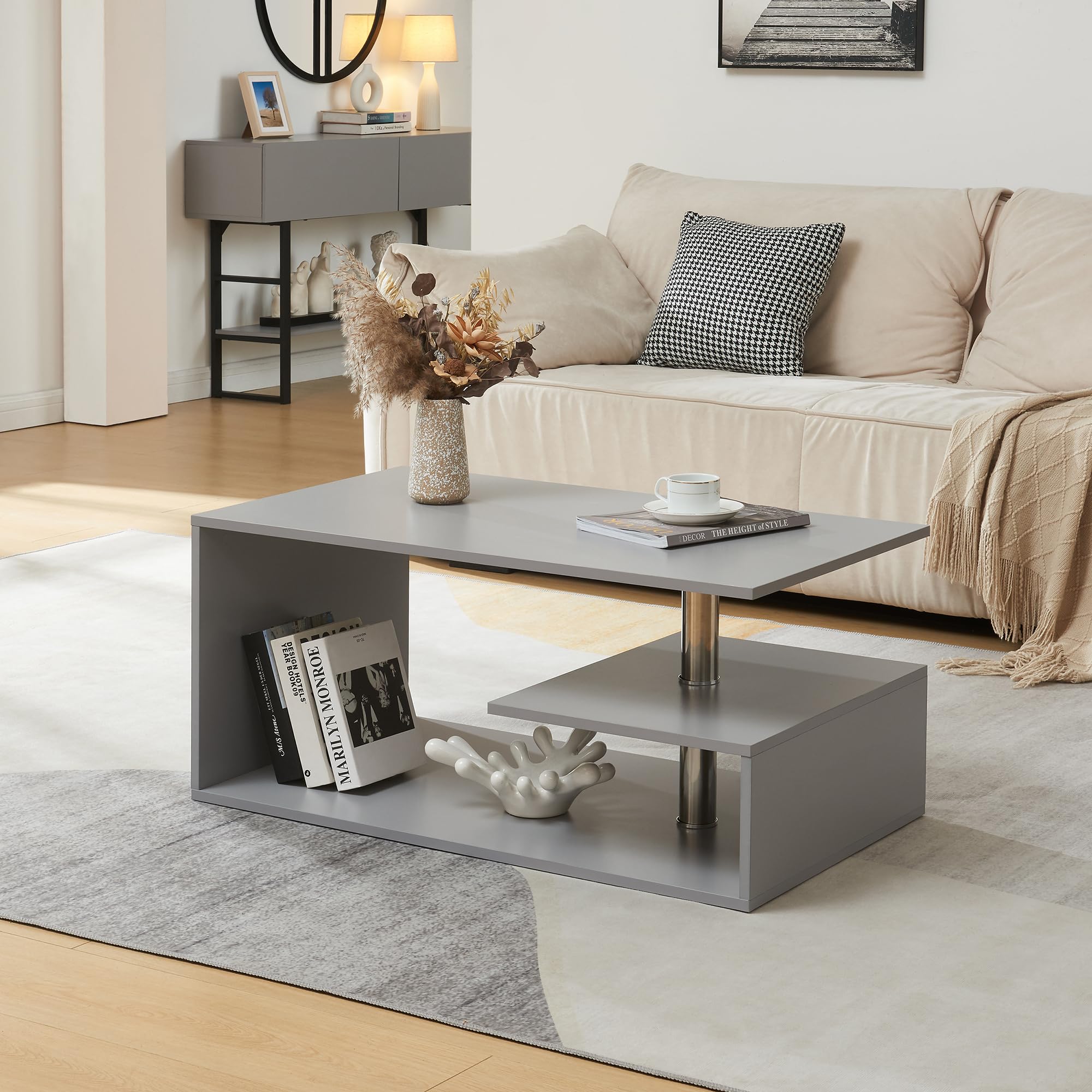 [en.casa] Couchtisch Haarlem Wohnzimmertisch rechteckig 90 x 50 x 41 cm Sofatisch mit Stauraum Kaffeetisch Hellgrau