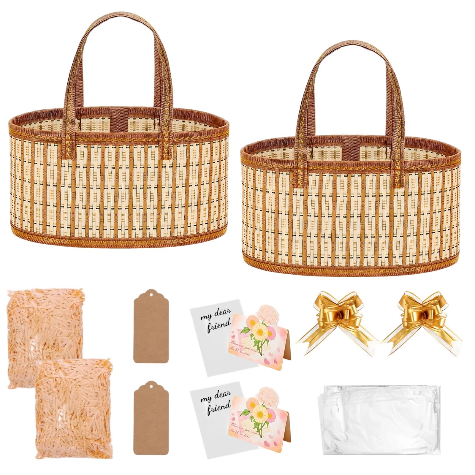 2Pcs Hamper Basket, Empty Gift Basket Retro Brown DIY Kit with 2 Baskets Tags Cards Bags Ribbons Raffia, Hamper Baskets for Gifts Empty for Christmas Birthday Wedding Gifts