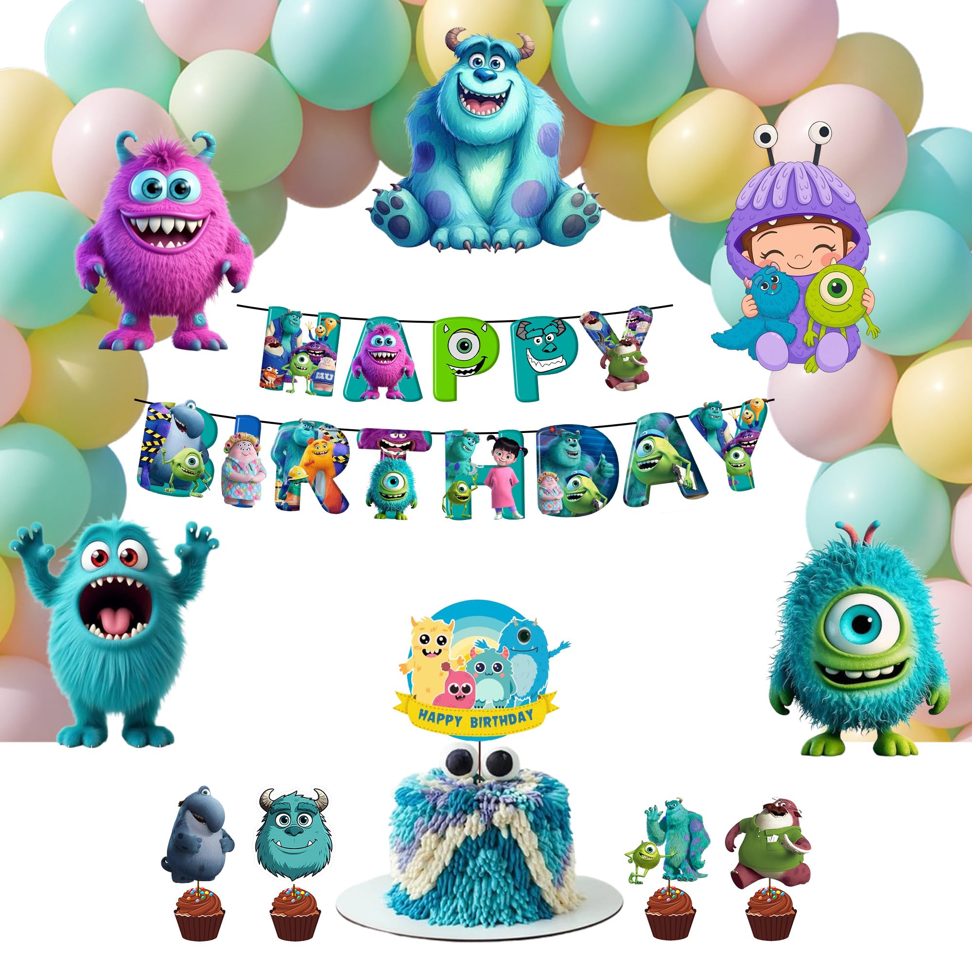 Partyjoy Birthday Decoration Monster Theme for Kids – Arch, Happy Birthday Banner, Cake & Cupcake Toppers, Cartoon Party Backdrop Decoration Set for Boys & Girls (Without cutain 02)