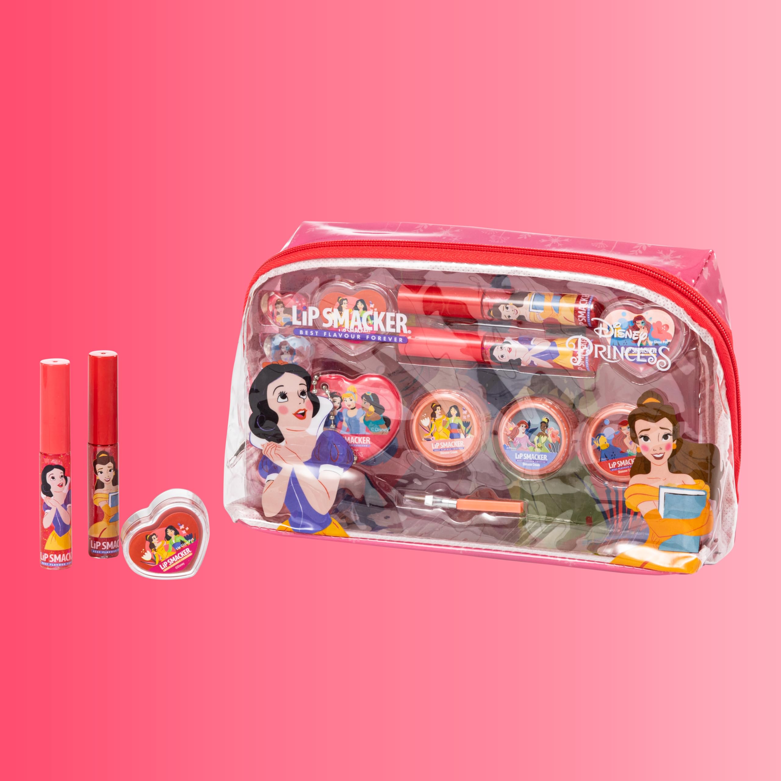 Lip Smacker Disney Princess Essential Make-up Bag, Set di Trucchi per Bambina con Lucidalabbra e Ombretti Luminosi, Accessori Beauty per Capelli e Trucco Inclusi