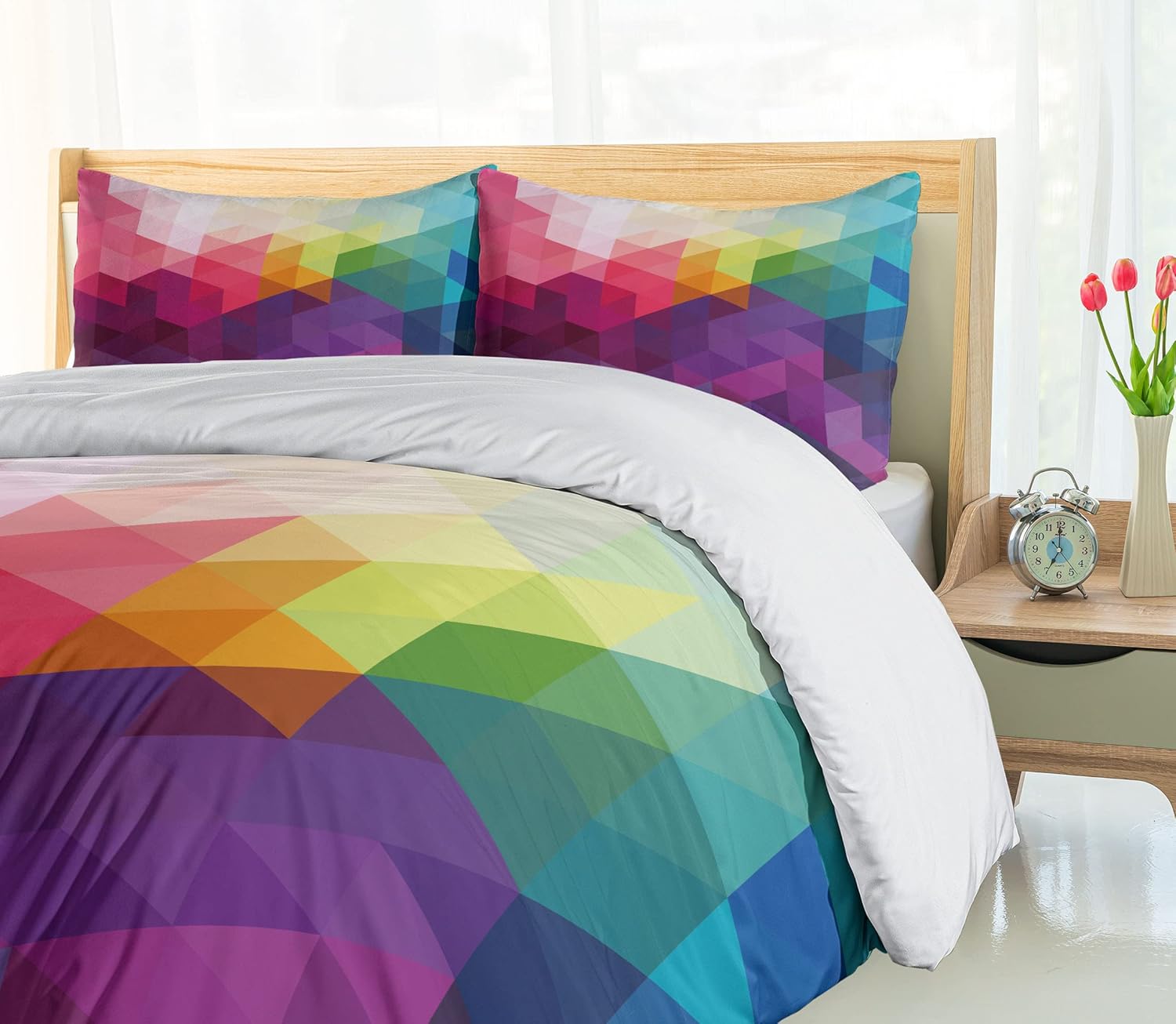 Ambesonne Rainbow Duvet Cover Set, Colorful Abstract Geometric Pattern with Triangles Polygon and Other Shapes Rainbow, Decorative 3 Piece Bedding Set with 2 Pillow Shams, Queen Size, Pink Magenta Queen Pink Magenta
