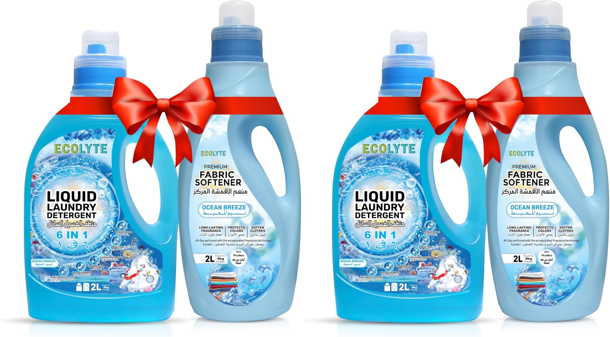 ECOLYTE+ Liquid Laundry Detergent & Fabric Softener Bundle, 6 in 1 Deep Clean, Perfect Clean, Long Lasting Scent, Enhances Softness, Feel Luxurious - (Ocean Breeze, 2 Liter, Pack of 4)