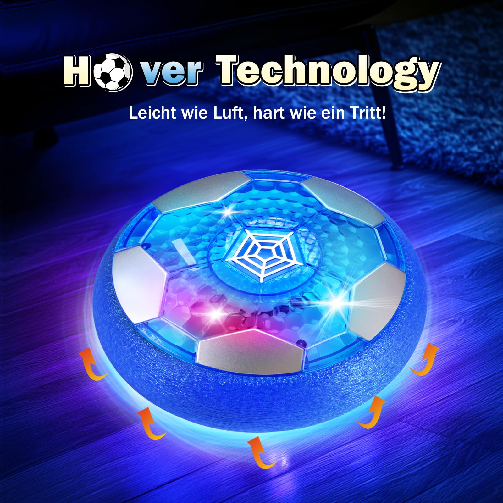 OMWay Air Power - Balón de fútbol para niños, LED Recargable, para Interior, Juguete para niños y niñas, 3, 4, 5, 6, 7, 8-12 años, cojín de Aire Flotante