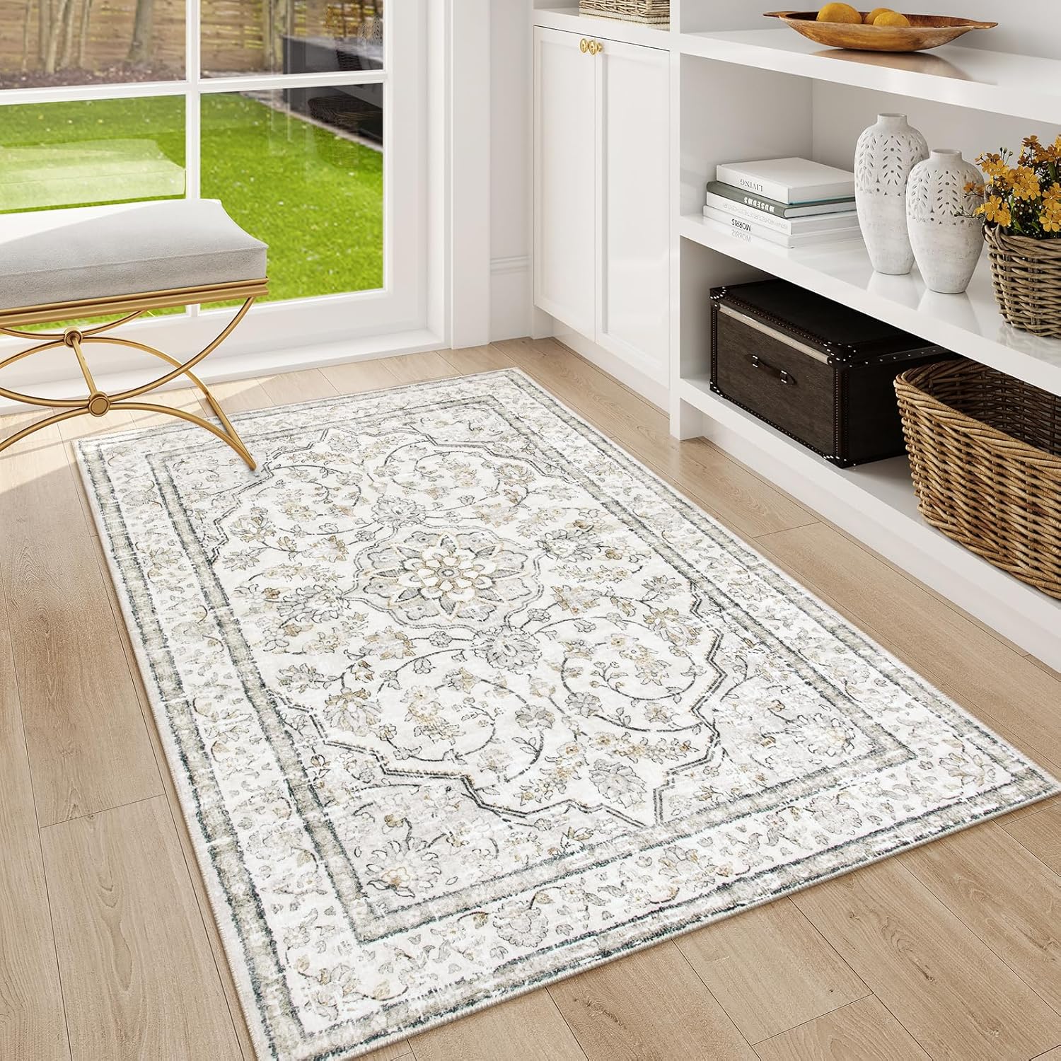 Lahome Oriental Washable Rug,3x5 Rug for Entryway Indoor Non-Slip,Ultra-Thin Soft Boho Area Rug for Bedroom,Traditional Vintage Low-Pile Entry Throw Rugs Mats for Bathroom Kitchen,(3x5ft,Beige) Beige 3x5