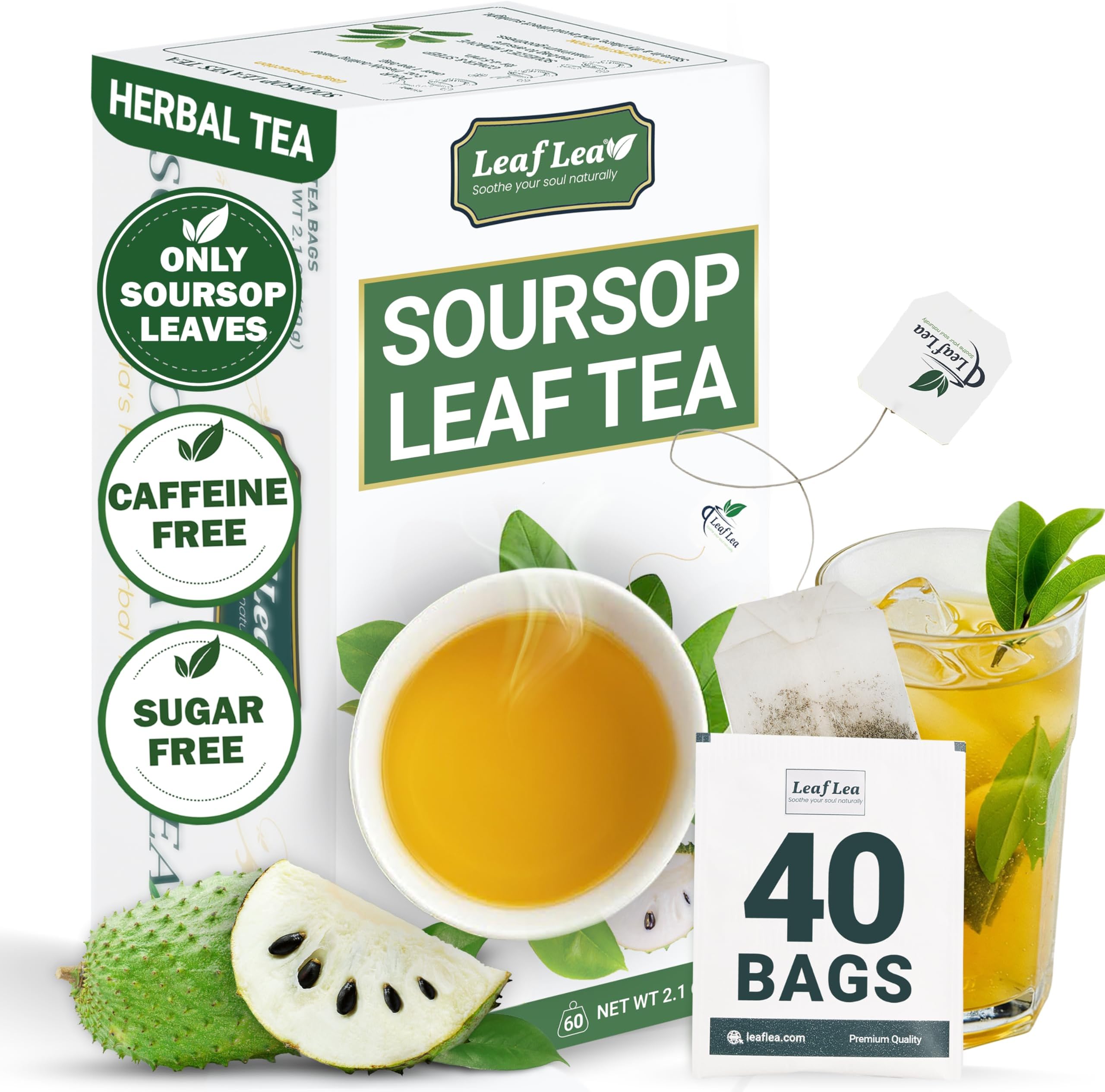 LeafLea 40 Premium Soursop Leaf Tea Bags, Pure & Natural Sour Sop Leaves, Graviola Leaves Tea, Hoja Guanabana Tea, Natural Digestion Support Herbal Tea Bags, Nutrient-Rich, No Sugar, No Caffeine