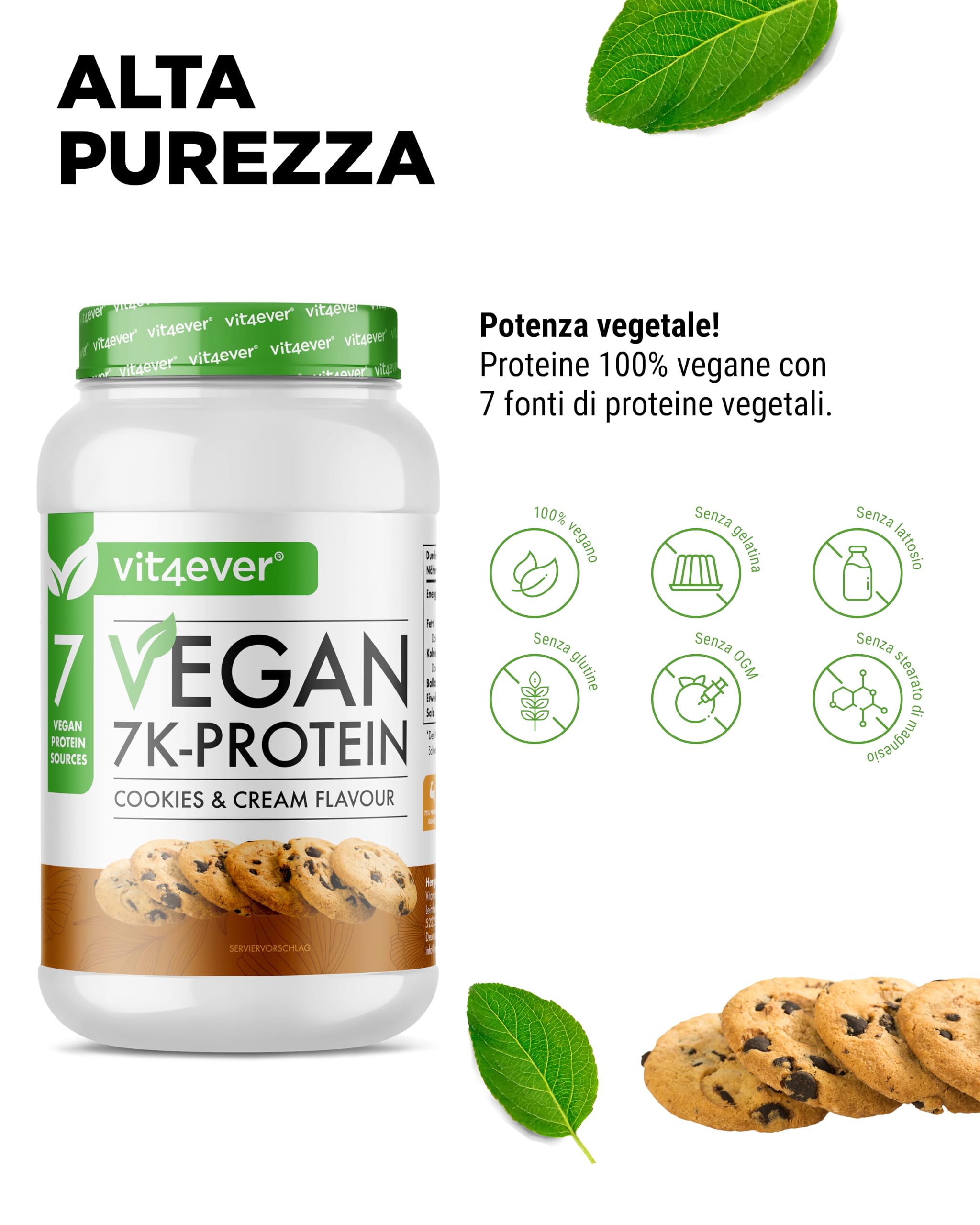Vegan 7K Proteina – 1kg – Cookie & Cream – Polvere di proteine vegetali pura con riso, mandorle, soia, piselli, canapa, mirtillo, girasole proteina