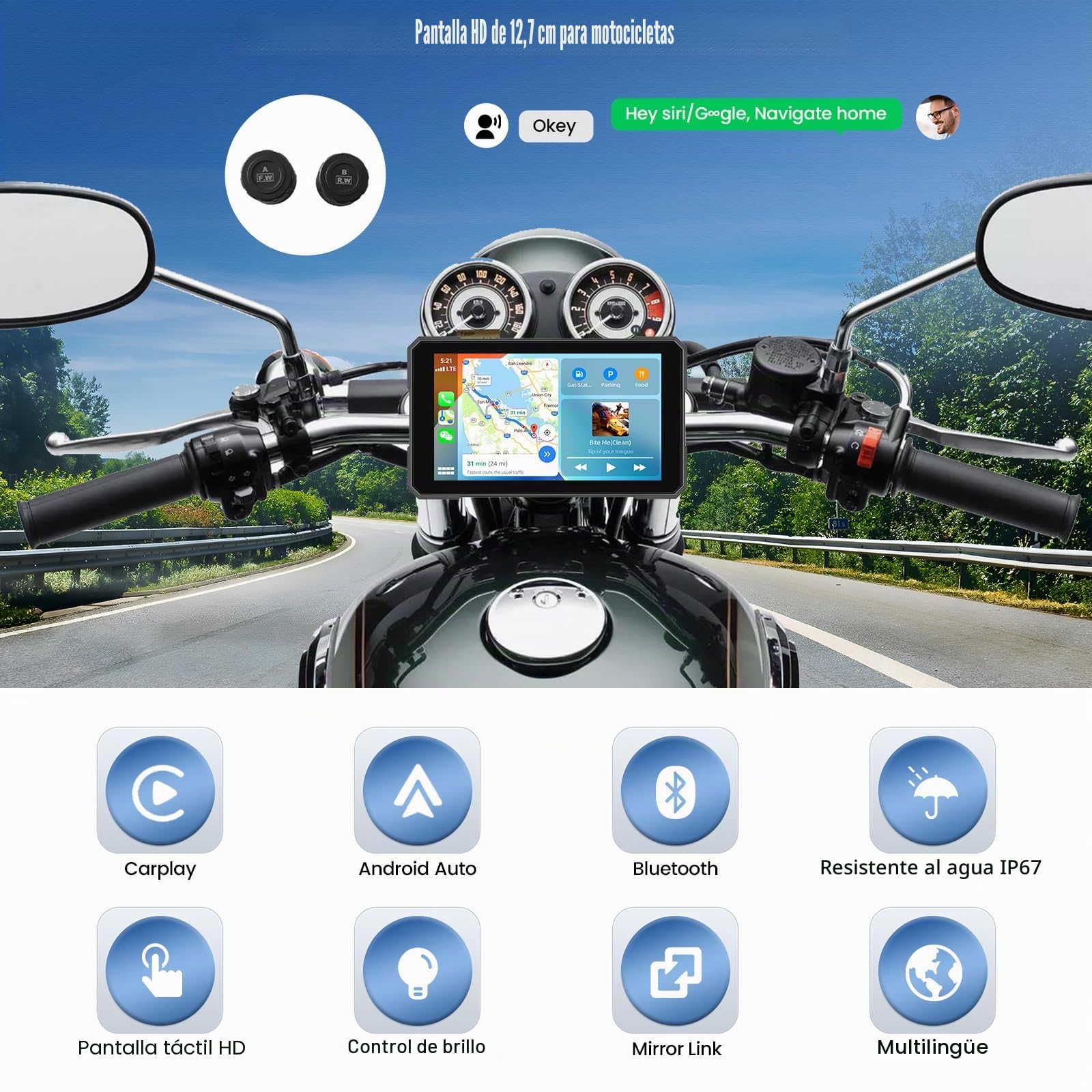 [2026 Nuevo] CAMECHO Pantalla Táctil de 5'' CarPlay Inalámbrico para Moto con Detección de Presión de Neumáticos, GPS Moto y Coche con CarPlay Inalámbrico Android Auto Bluetooth IP67 Impermeable 12V