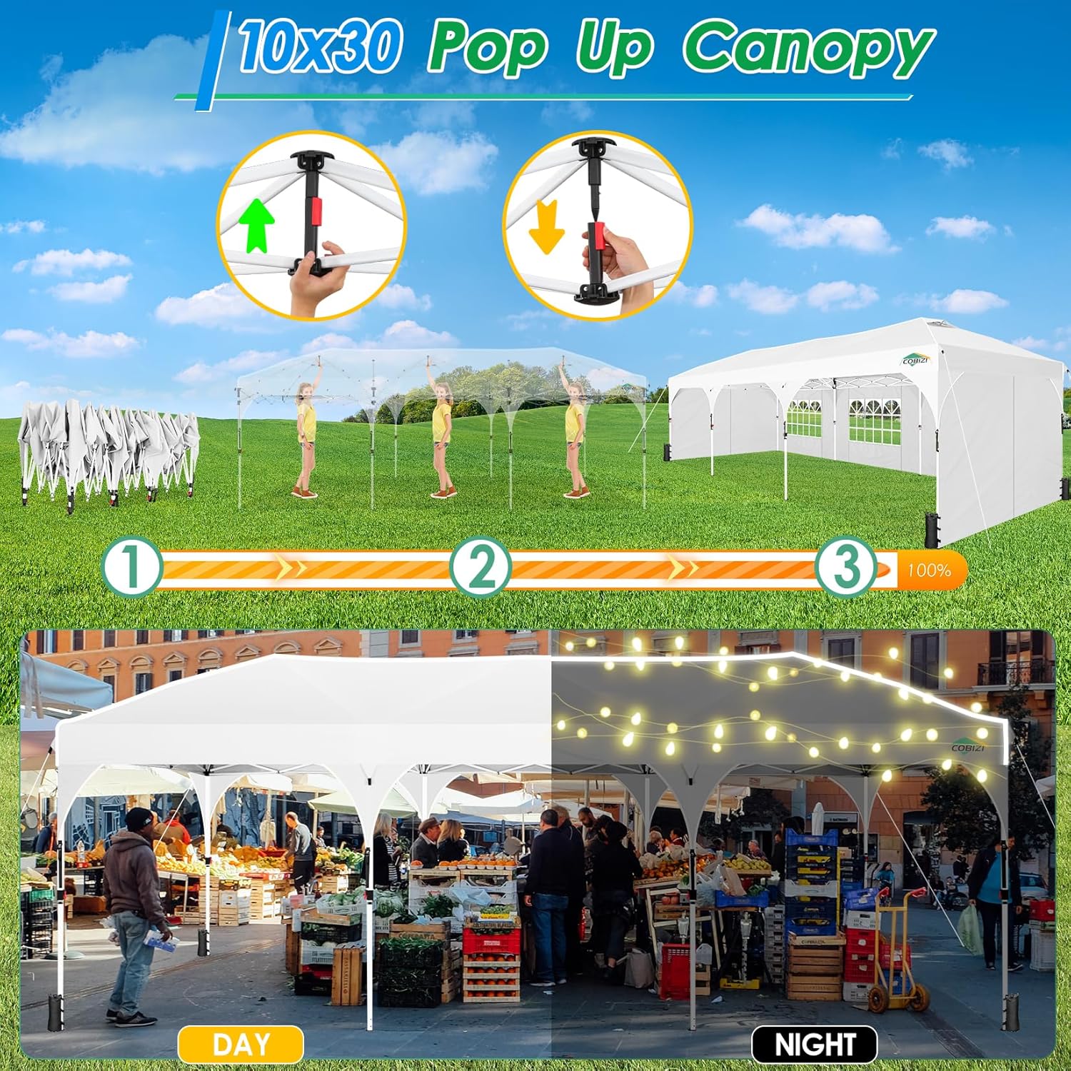 COBIZI 10x30 Pop Up Canopy Tent for Parties with 5 Sidewalls| Push Center Lock & Air Vent| Waterproof & UPF50+ |Gazebo Outdoor Tent for Party,Wedding,BBQ with 4 Sandbags, 8 Stakes & 16 Ropes,White