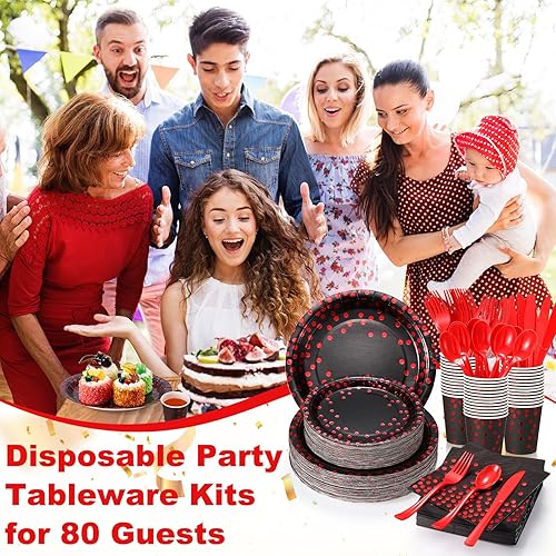 Miniatura 5 de 560 piezas de suministros de fiesta en negro y rojo para 80 invitados, juego de vajilla desechable, platos de papel negro y rojo, servilletas,