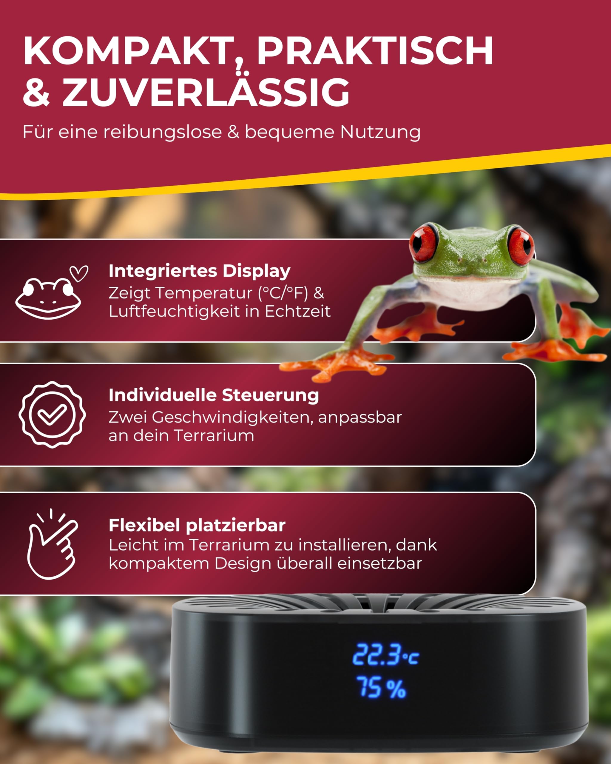 Hobby Terraristik Terra Fan I Ventilator zur Luftzirkulation in Terrarien I inkl. Display und Sensor I Lüfter für EIN perfektes Klima im Terrarium I ideal für Reptilien und Pflanzen