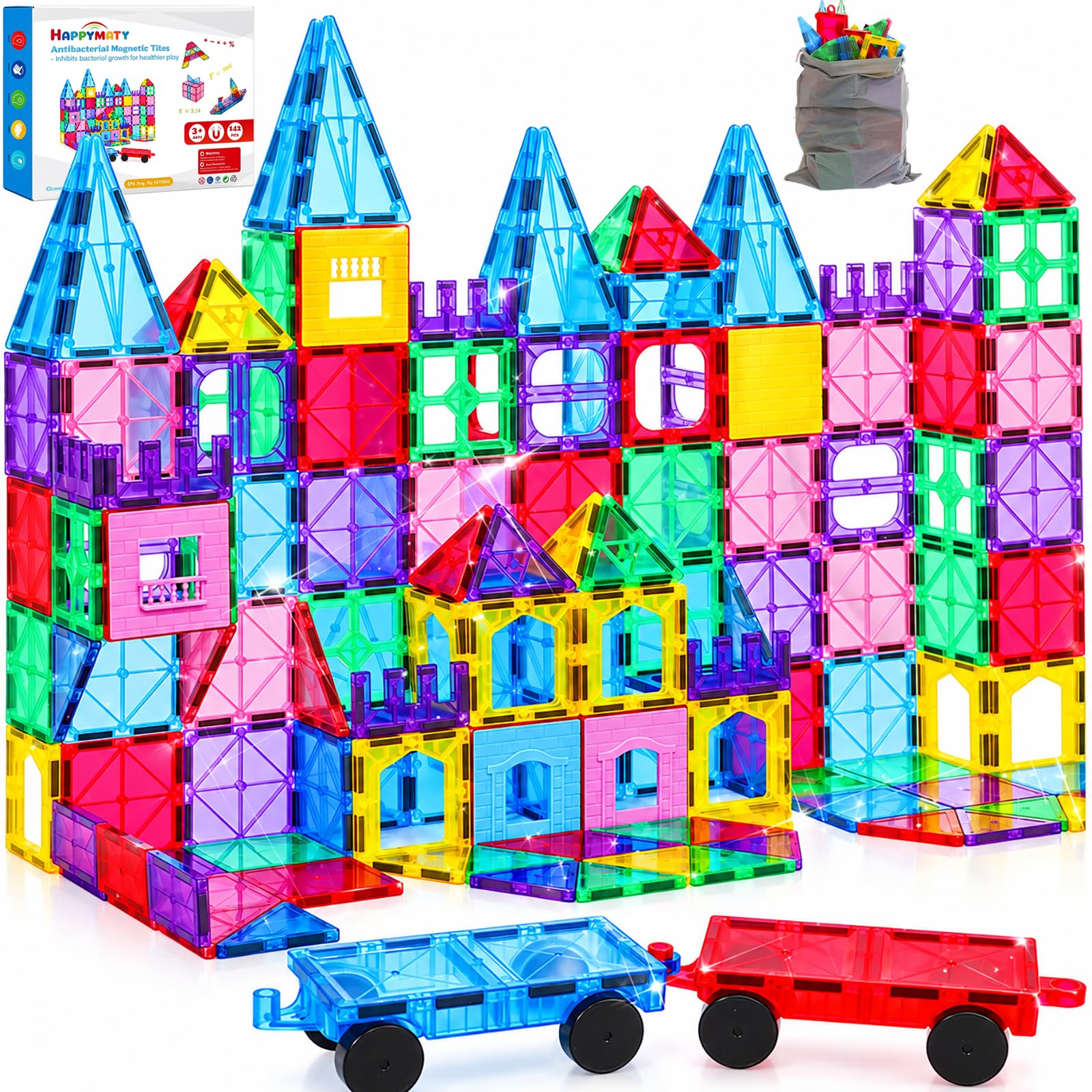 Antibacterial Magnetic Tiles, 142PCS 3D STEM Building Blocks Set