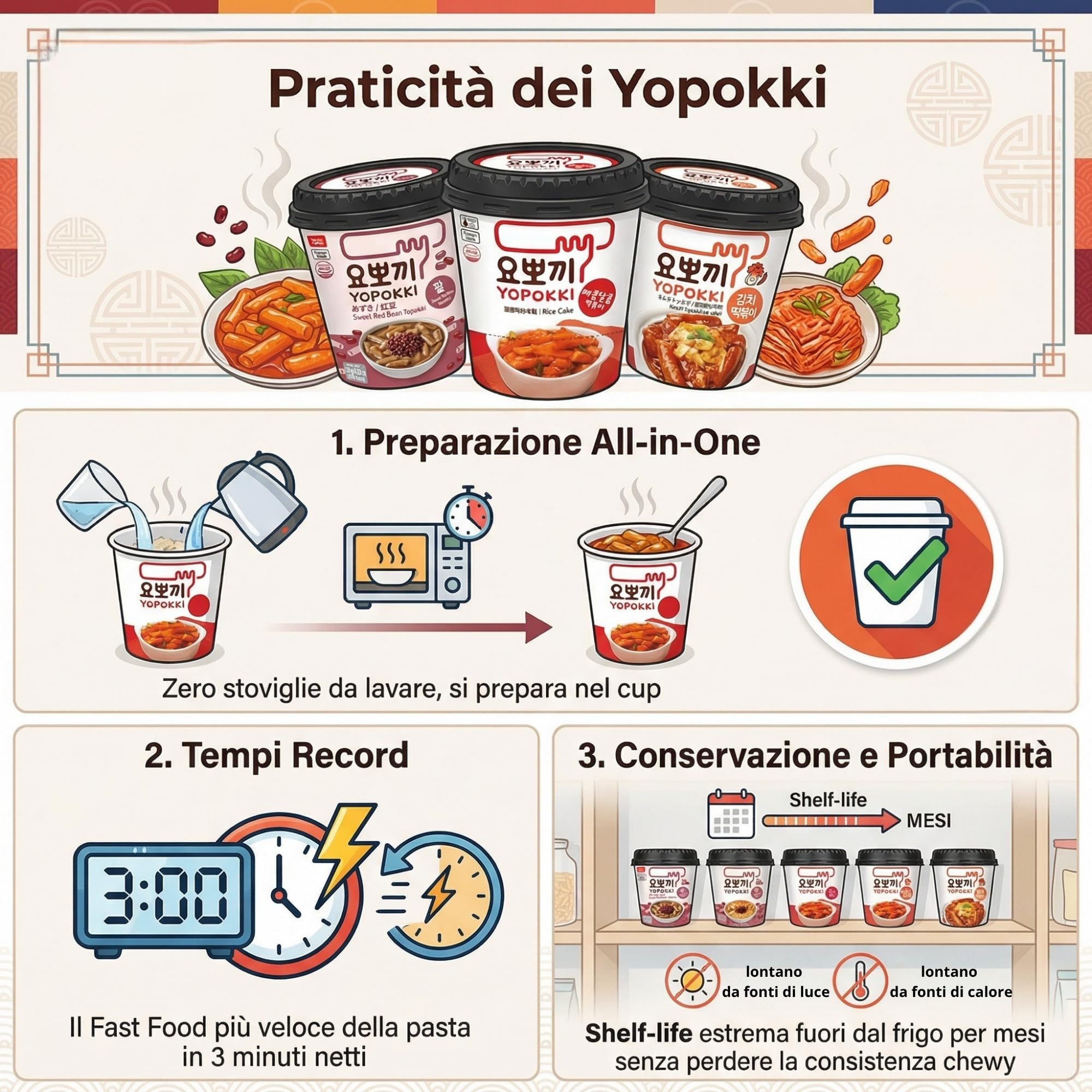 HU TASTE Kit Tteokbokki Gnocchi di Riso Coreano: 2pz Kimchi, 2pz Fagioli Rossi e 2pz Original Rice Cake - Box Cibo Asiatico, Gnocchi di Riso Cinesi e Giapponese Food, Snack Coreano Piccante, 6 Pack