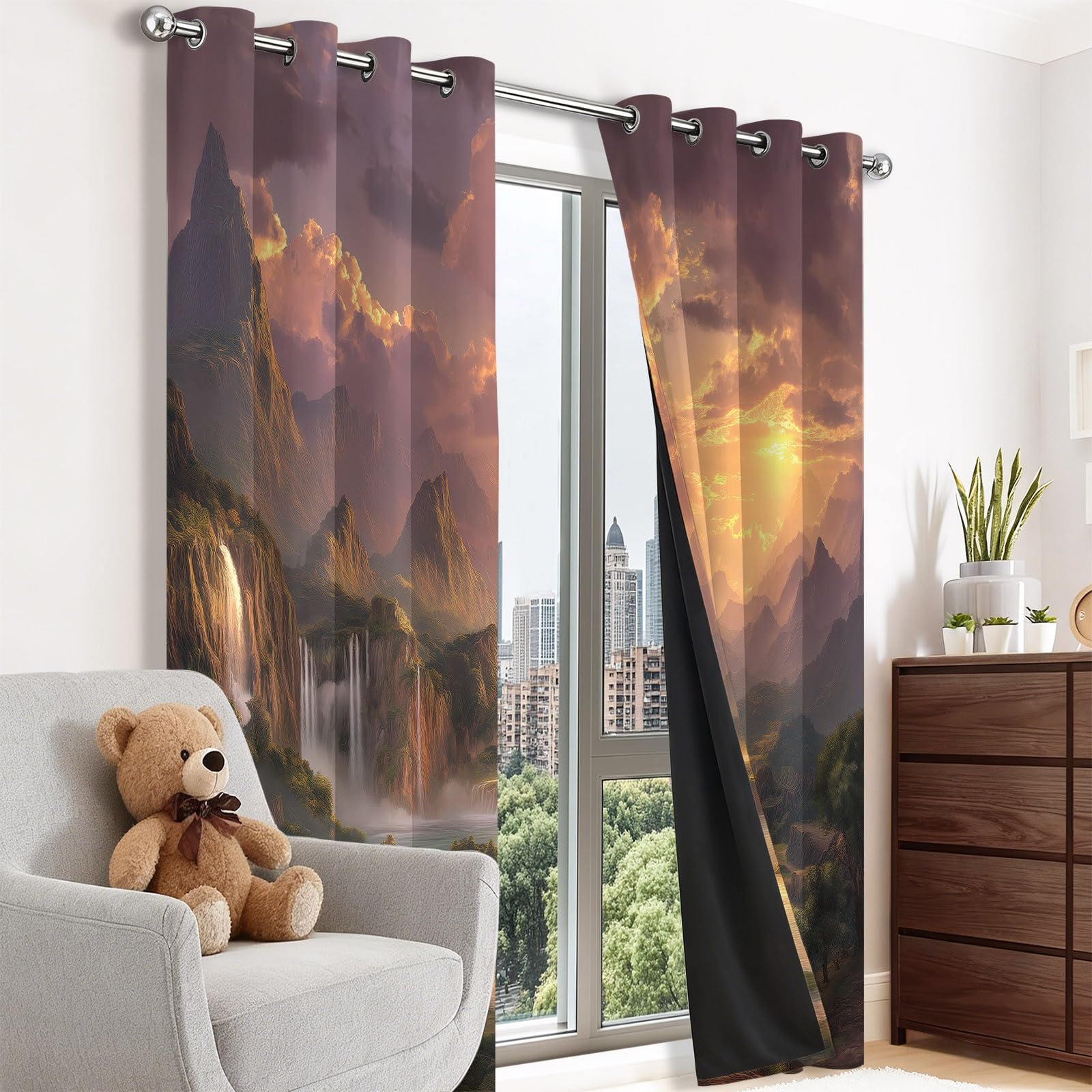 Générique Rideau Occultant, Paysage Onirique Motif Rideaux Thermiques à Oeillets, Cascade Rivière Nuages Rideaux Imprimé pour Salon Chambre Fenetre Décoration, 140 X 260 cm (LxH), Lot de 2