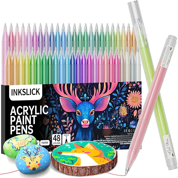 InkSlick Acrylic Gel Pens for Coloring - 48 Colors Acrylic Paint Pens with 1mm Bullet Tip Point, Neon Gel Pen for Black Paper, Rock Painting, Glass, Wood, Fabric, Cards, Scrapbook, DIY Art Crafts