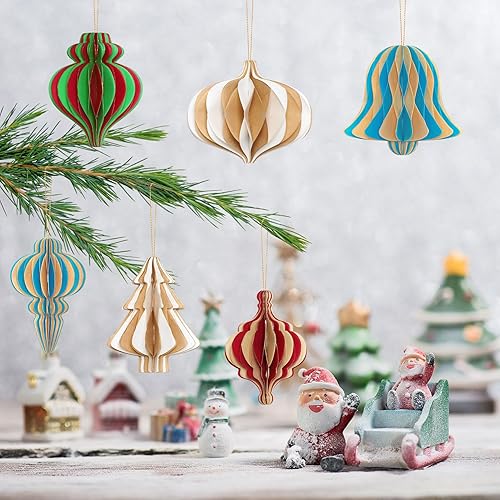 Miniatura 4 de Decoraciones para Fiestas de Navidad - 6 Piezas de Adornos Colgantes de Panal de Papel de Dos Tonos con Borde de Purpurina Dorada, Formas Variadas,
