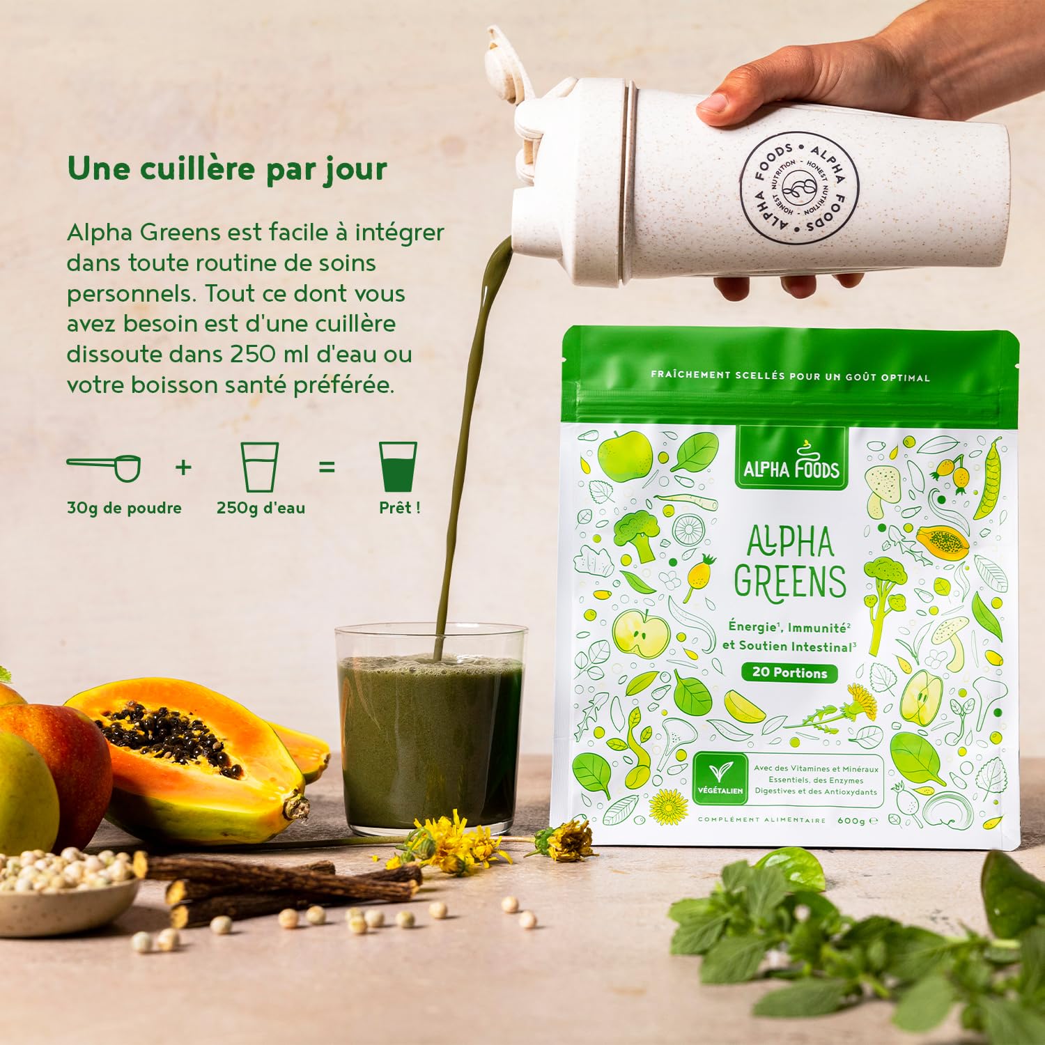 Greens Complex en Poudre 600g | Énergie & Immunité Mélange De Verts Végétalienne | Vitamines B1-B12, CoQ10, Moringa, Spiruline, Chlorella, Matcha | Green Superfoods Smoothie Powder | Alpha Foods