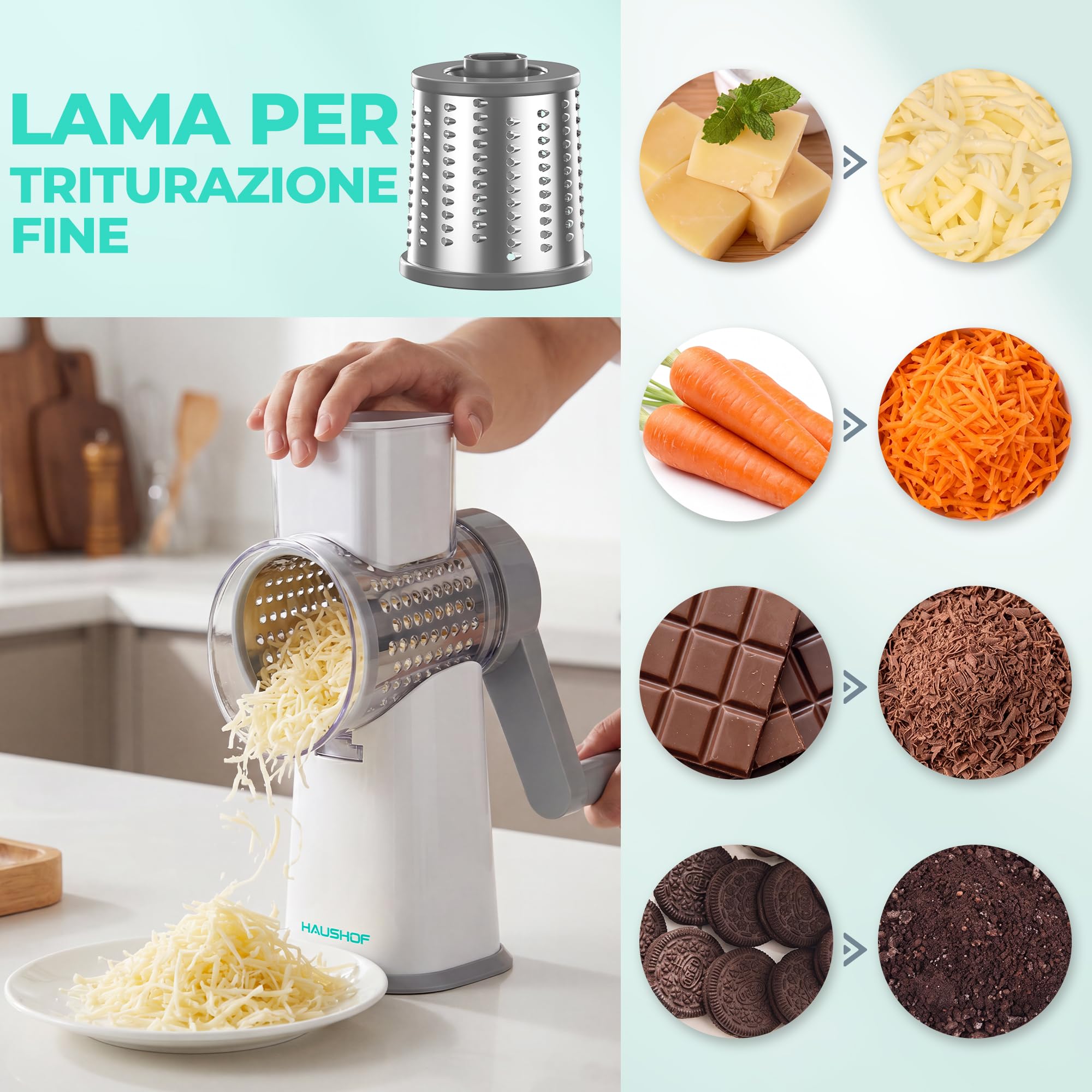 HAUSHOF Grattugia Formaggio Manuale con 3 Lame in Acciaio Inossidabile