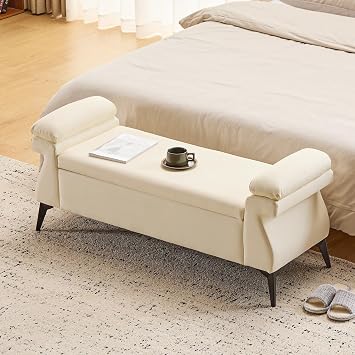51Ottoman with Storage, Upholstered End of Bed Bench with Armrest Cushion, Ottoman Bench, Faux Leather Bedroom Bench, Bed Bench with Storage, for Living Room, Entryway, Beige