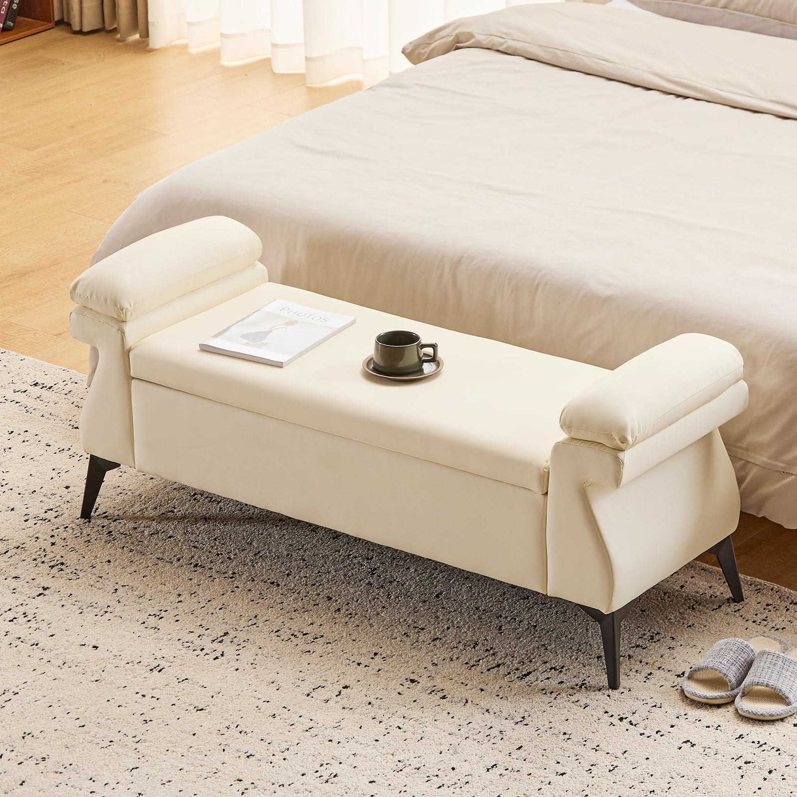 Panca Contenitore Camera da Letto 128x44x53cm, Panca Fondo Letto Matrimoniale, Cassapanca Pouf Organizzatore Ottomano in Pelle PU per Camera da Letto Soggiorno Ingresso, Beige