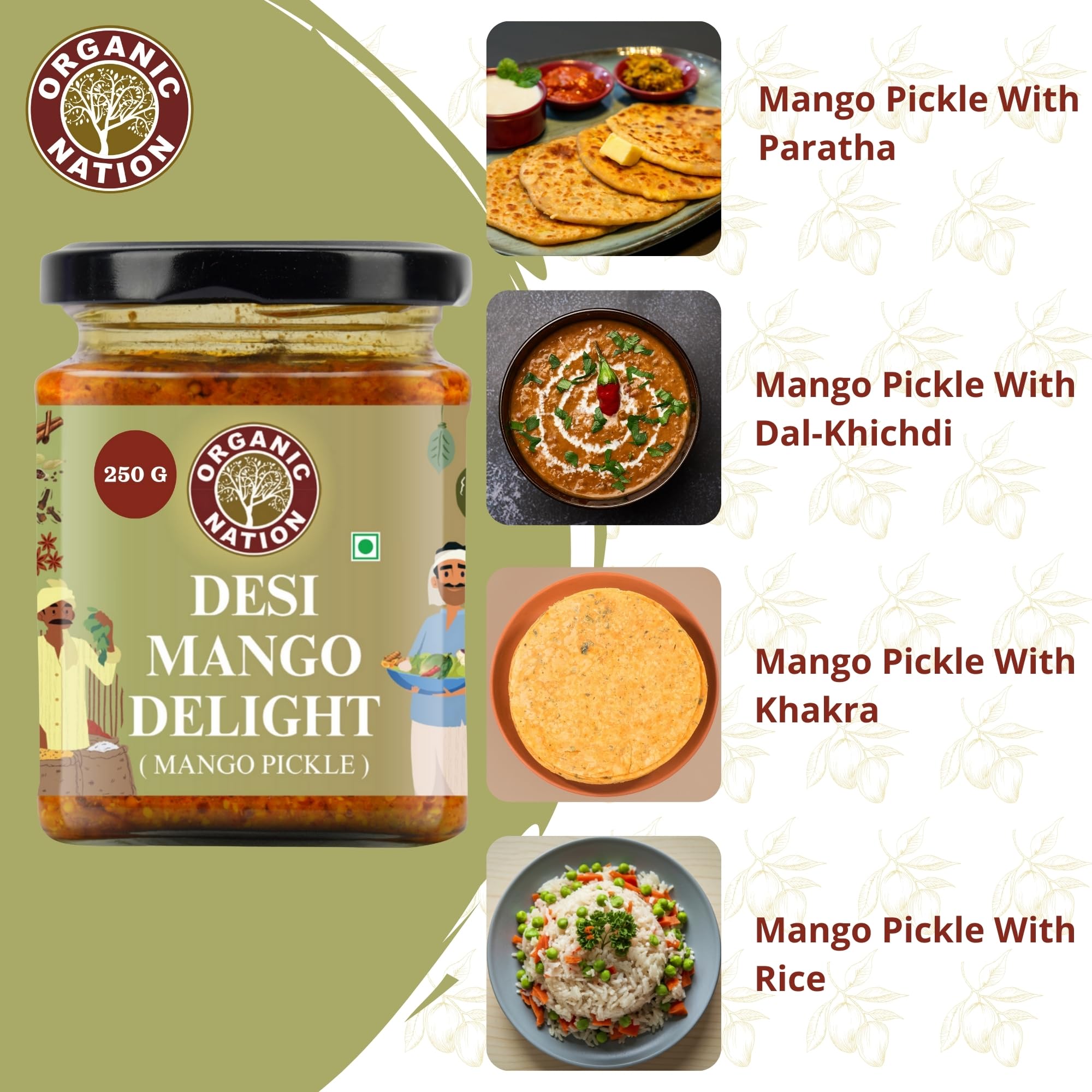 ORGANIC NATION Desi Mango Delight Mango Pickle Aam Ka Achar, Traditional Punjabi Mango Pickle, Flavorful Aam Achar, No Preservatives, Tasty like Homemade, 250g Jar, Vibrant Yellow 1