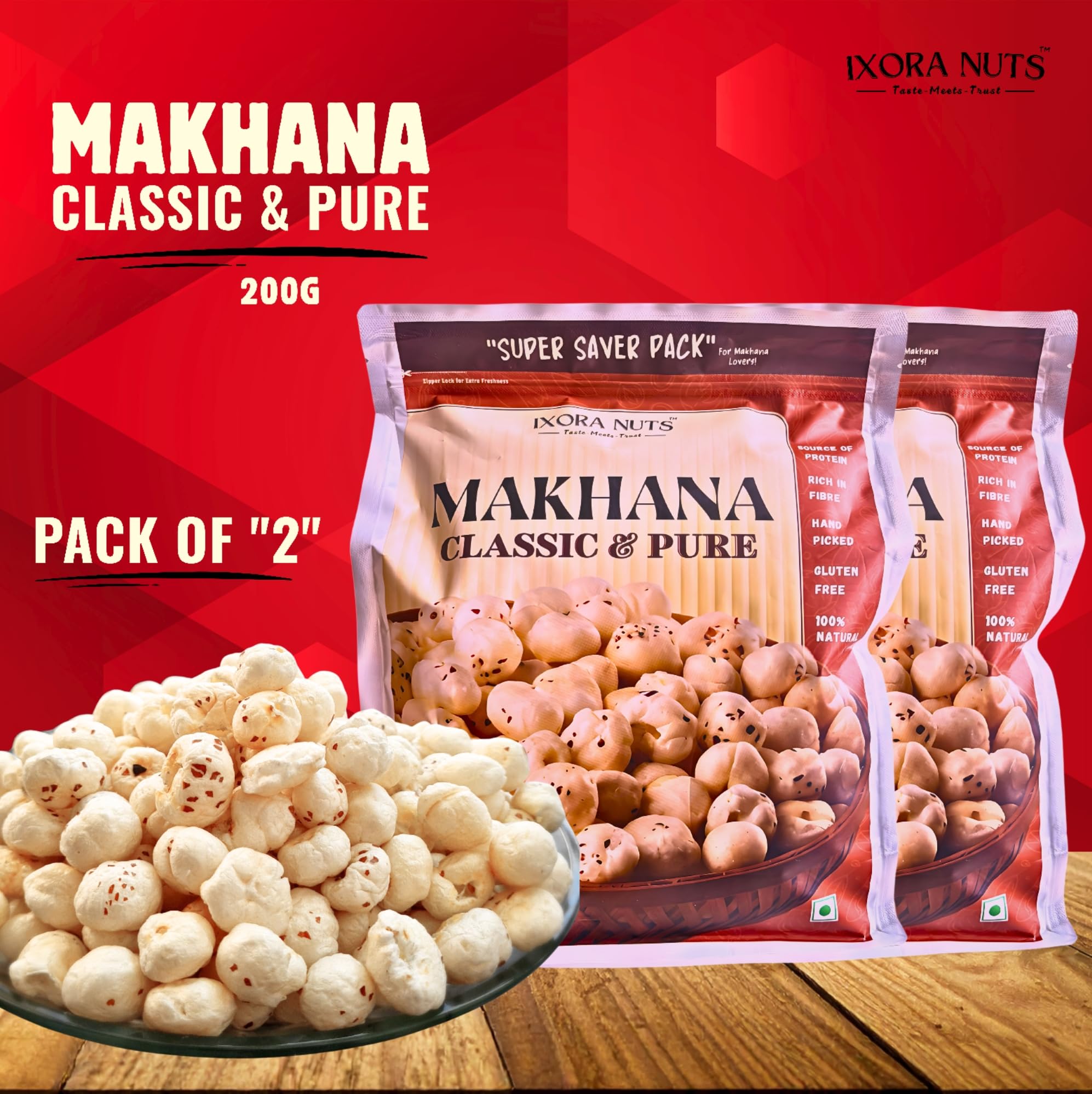 Ixora Nuts Makhana | Classic & Pure | Fit for Fasting, Raw Foxnut, Phool Makhana for Prasadam, Premium Lotus Seeds, Rich in Calcium, Natural & Crunchy, Direct from farm, No Added Preservative. 200g, Pack of 2 (200g×2) 3